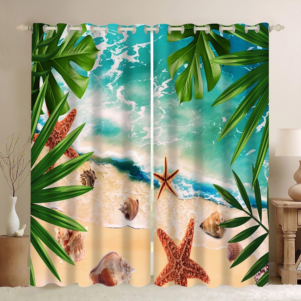 Ykncxzy Tropical Beach Blackout Curtains, Boho Vacation Style Palm Banana Leaf Seashell Starfish Print Window Drapes, Darkening Privacy Thermal Curtains 2 Panels for Bedroom,W55 x L72 x 2 Panels