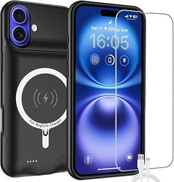Battery Case for iPhone 16, 10000mAh High-Capacity Protective Rechargeable Extended Charger Case Compatible Magsafe with iPhone 16 6.1 inch Wireless Charging Case Support Carplay Black