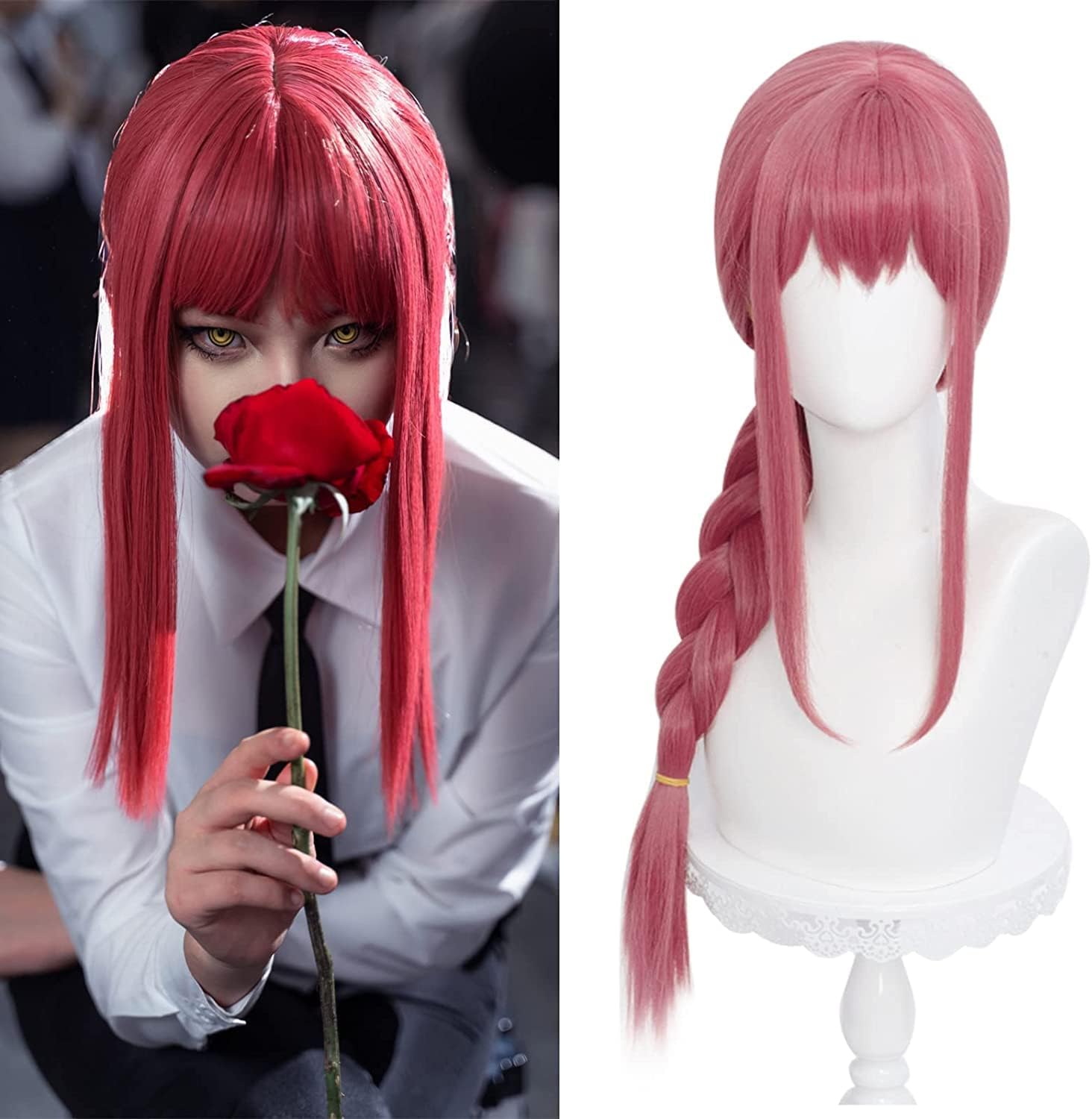 Long Pink Braids Wig for Girls Women Cosplay Anime Braided Wig with Bangs for Csm Halloween Party Hair Wig + Cap