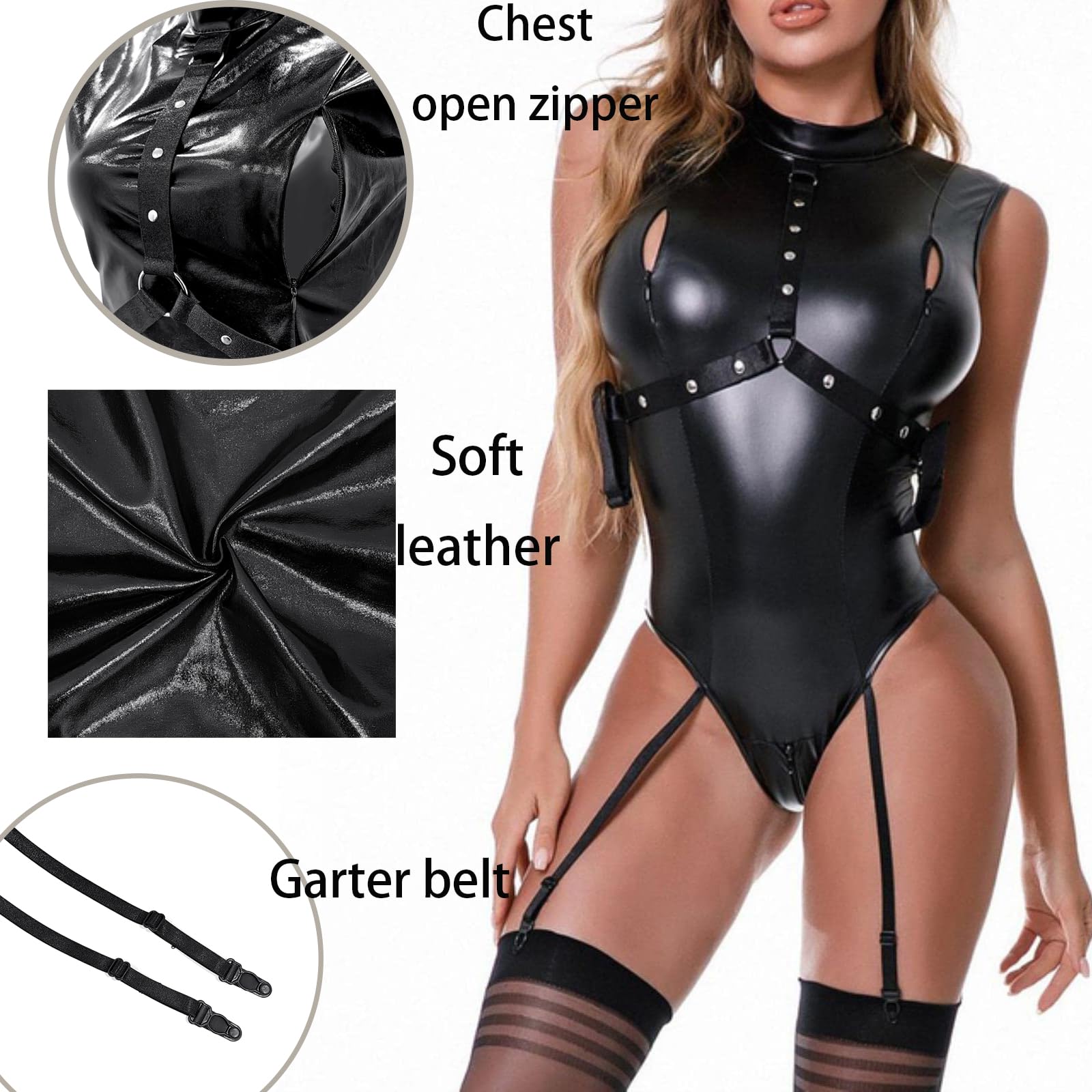 MIZSPISE Body Femme Cuir Fermeture Éclair Tenue Sexy Ensemble Porte Jarretelle Lingerie Catsuit Club Disco Party Nuit Vêtements Latex Combinaison Cosplay Carnaval Halloween avec Collant