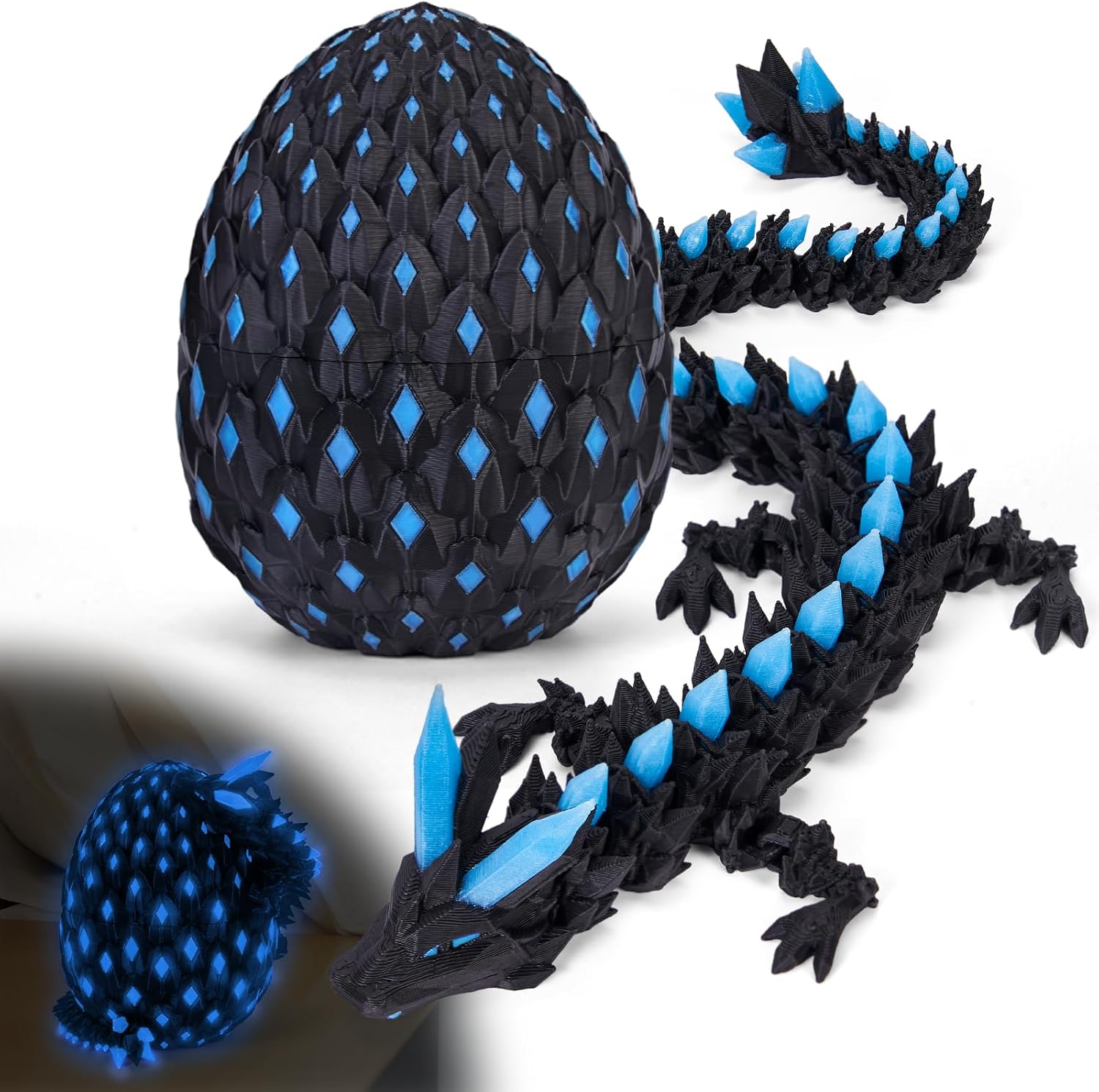YILCER 3D Printed Dragon Eggs Glow in The Dark Cool 3D Printer Articulated Animals Fidget Toy for Teen Crystal 3D Print Dinosaur Toys for Boys Girls (Black Blue)