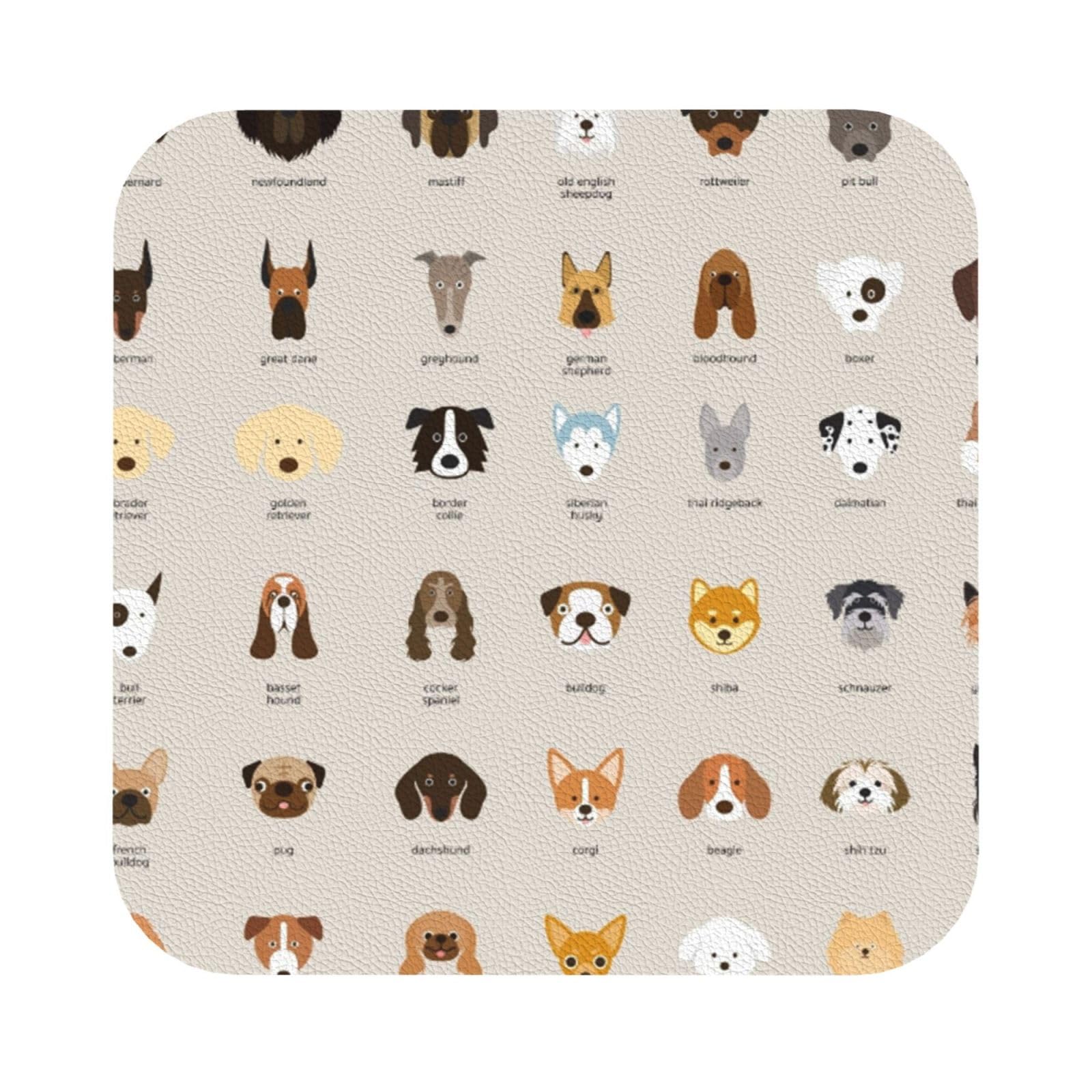 Dog breed PU Leather Coasters Set of 6 Square Drink Coasters