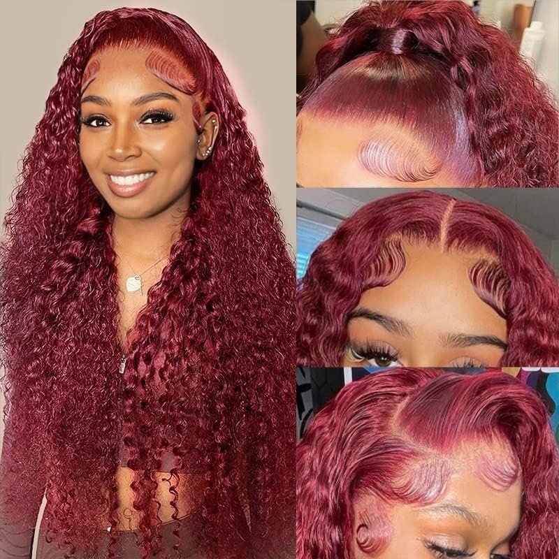 Larhali 99J HD Lace Front Wigs Human Hair Pre Plucked 250% Density Burgundy 13x6 Deep Wave Frontal Wigs Natural Hairline Human Hair Wigs for Black Women(22 Inch)