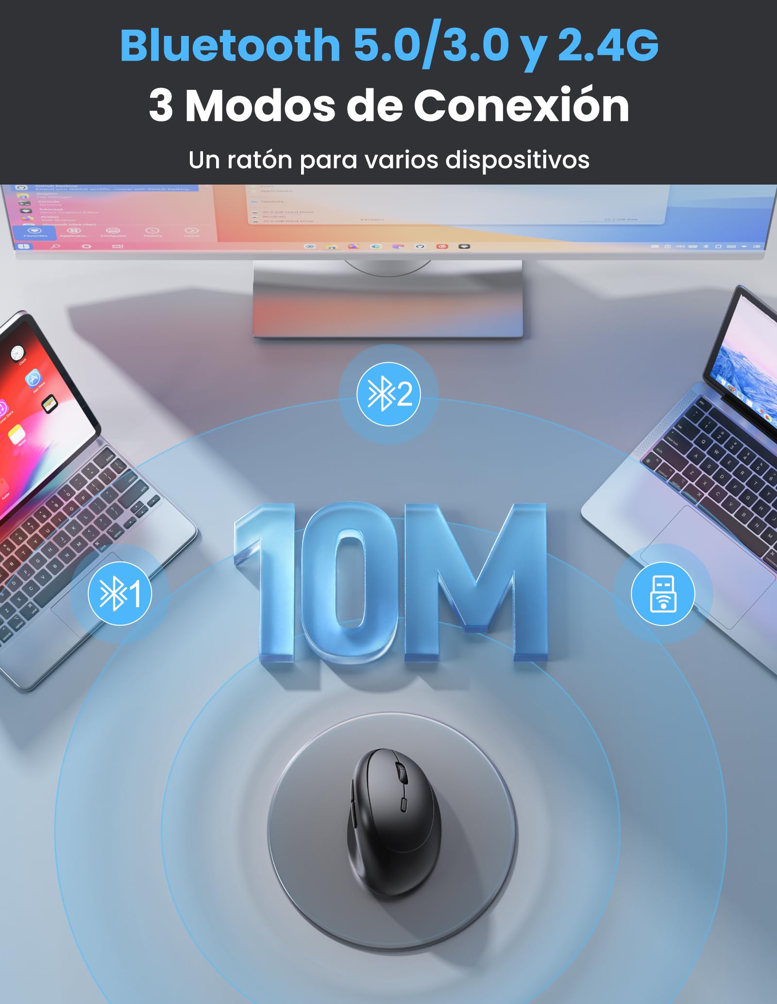 TECKNET Ratón Inalámbrico Bluetooth, Ratón Ergonómico Recargable con 3 Dispositivos (BT 5.0/3.0+2.4G), 4800DPI Ratón Vertical Silencioso para Portátil, Ordenador, iPad, Mac y Windows