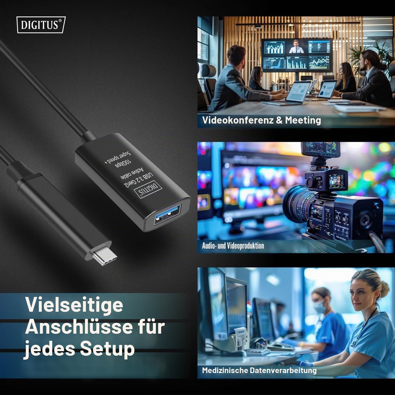 DIGITUS Aktives USB 3.2 Gen2 Verlängerungskabel – 5 m – 10 Gbit/s | USB-C Stecker auf USB-A Buchse – Repeaterkabel – Plug und Play – Schwarz