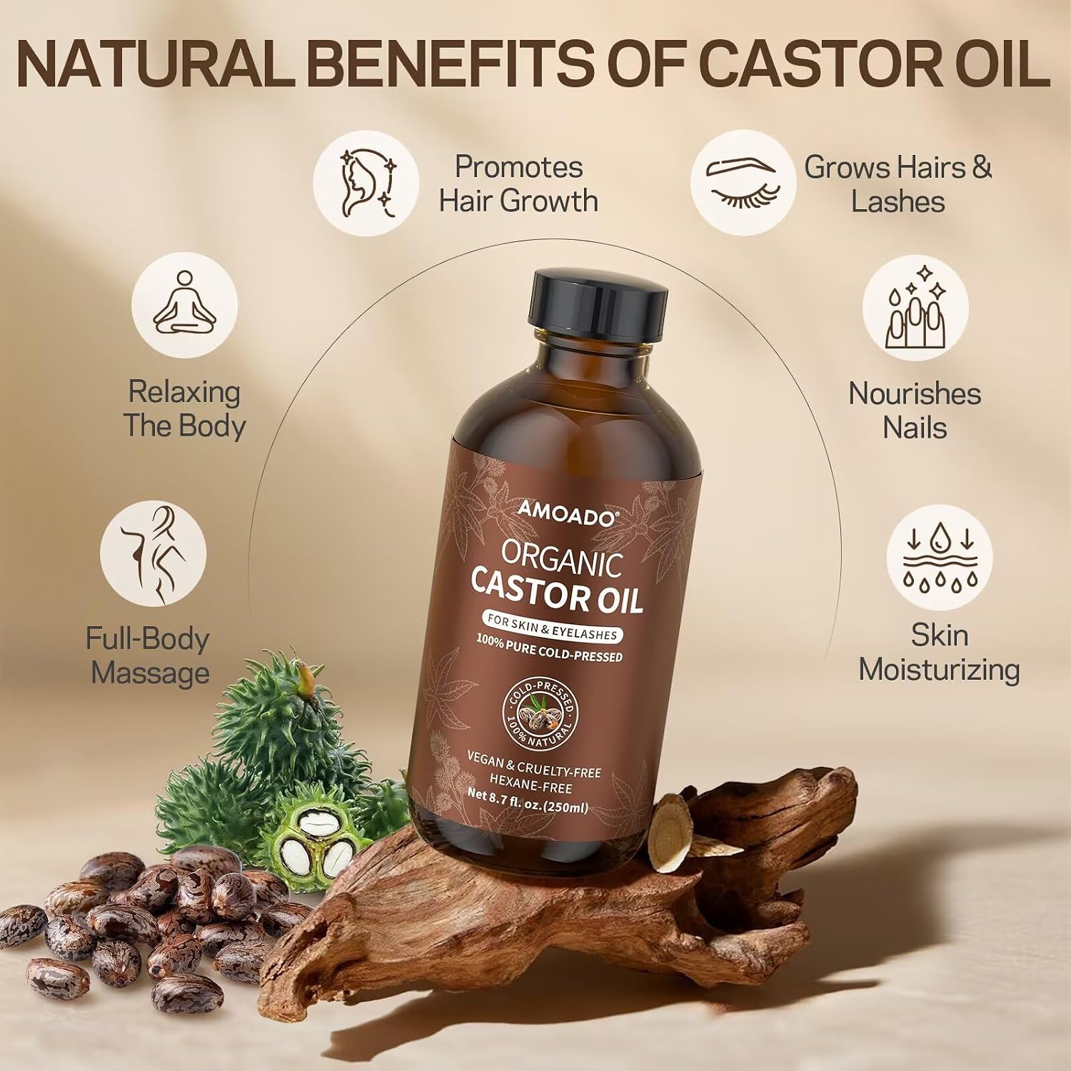 AMOADO Organic Castor Oil Pack Wrap Kit, Castor Oils Cold Pressed Unrefined Glass Bottle(8.7fl.oz), Caster Oil Wrap Belt for Arms Knee Legs, Adjustable Reusable Cotton