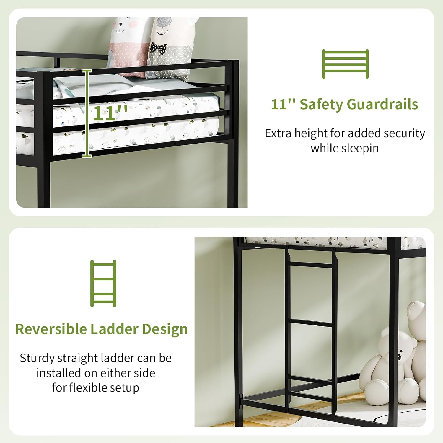 Junior Twin Size Loft Bed with Ladder and Guardrail for Kids Teens Adults, Heavy Duty Metal Loft Bed Frame with Slats, No Box Spring Needed, Small Space Saving Furniture for Bedroom Dorm, Black