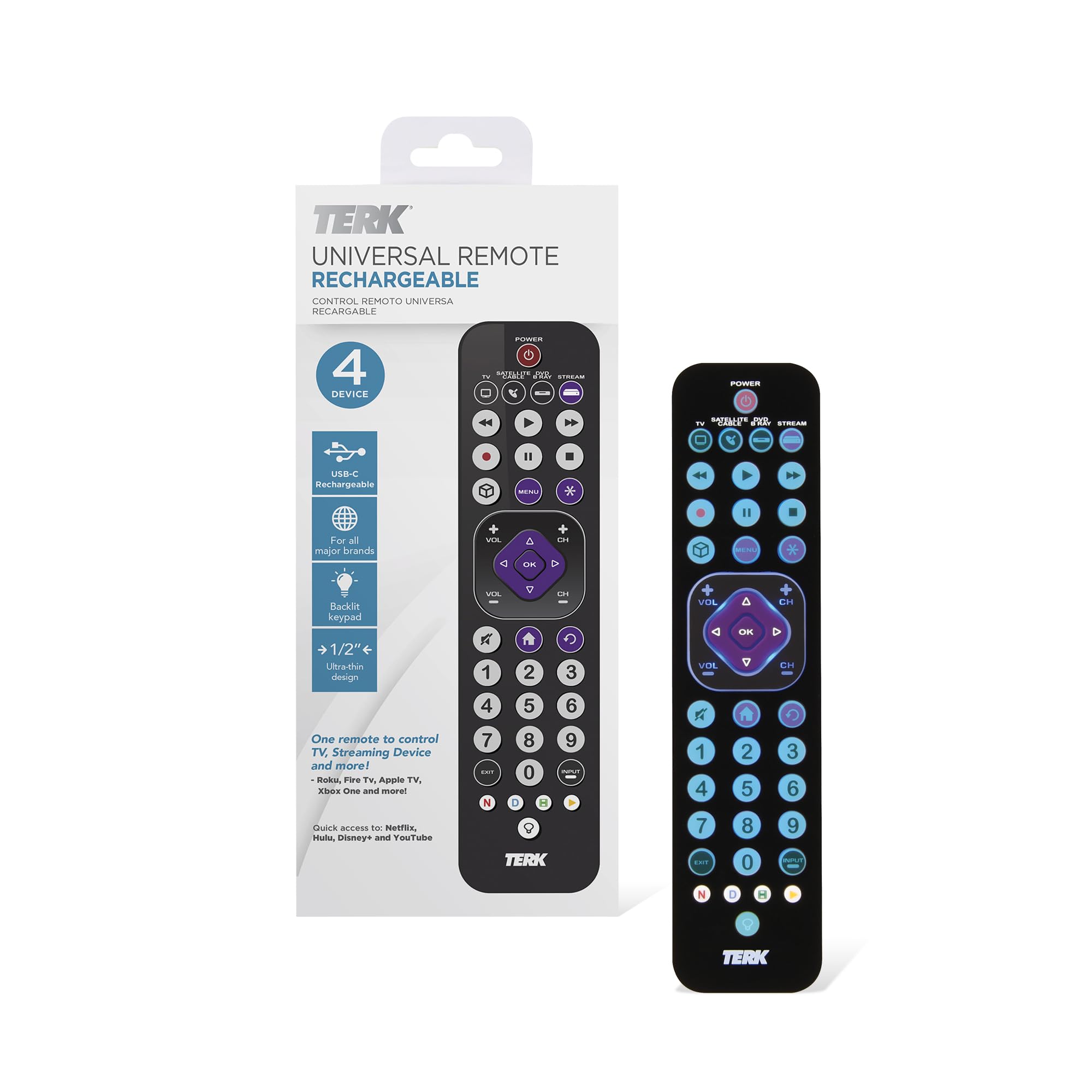 TERK Télécommande universelle rechargeable, 4 appareils avec chargement USB-C, clavier rétroéclairé, infrarouge longue portée, compatible avec TV, lecteurs de streaming, décodeurs de câble, Roku, Fire
