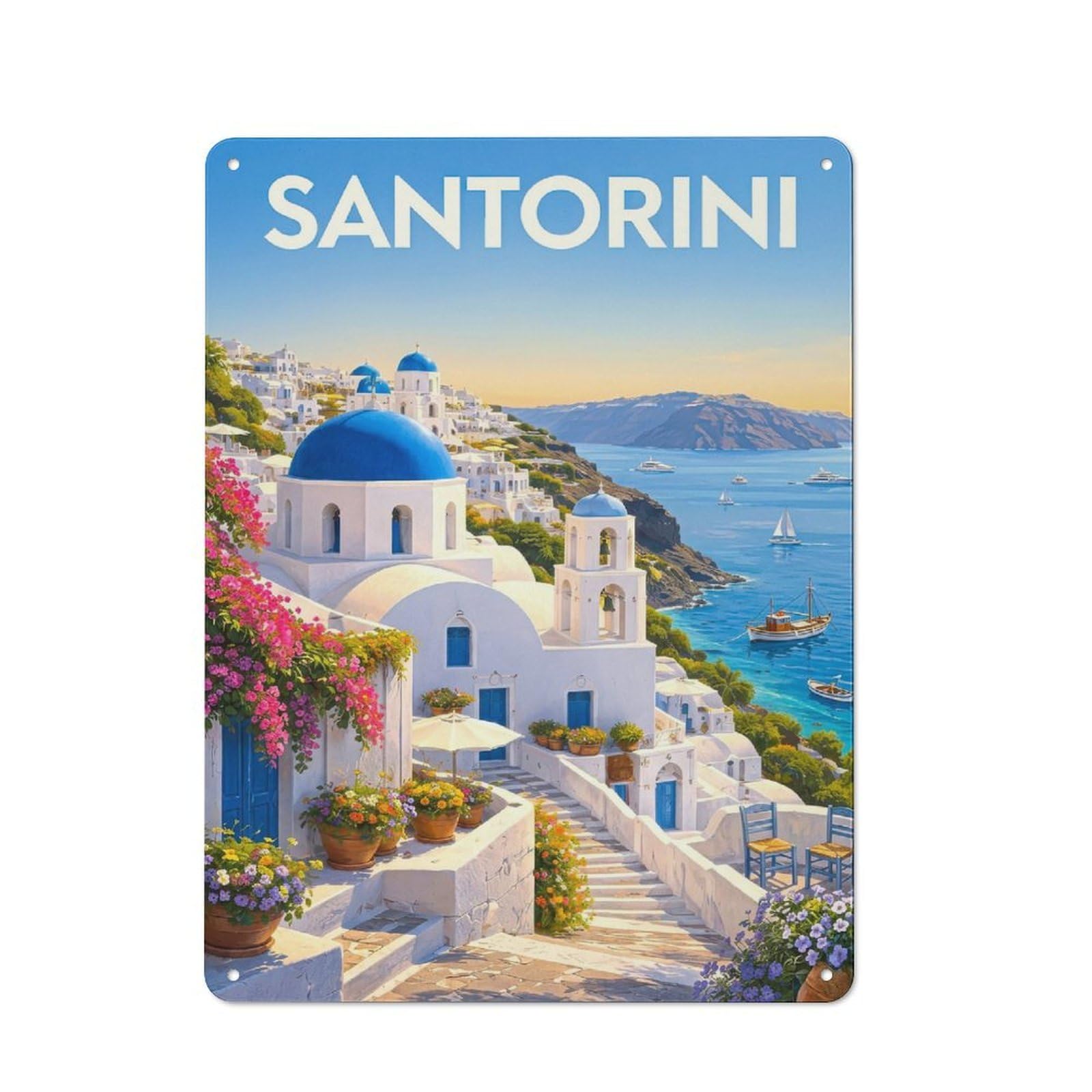 Junmoney Style-7 For Guest Room Or Hallway, Santorini Travel (5) Retro Metal Wall Sign 40X30cm, For Vintage Wall Decor Fans, For Metal Sign Collectors