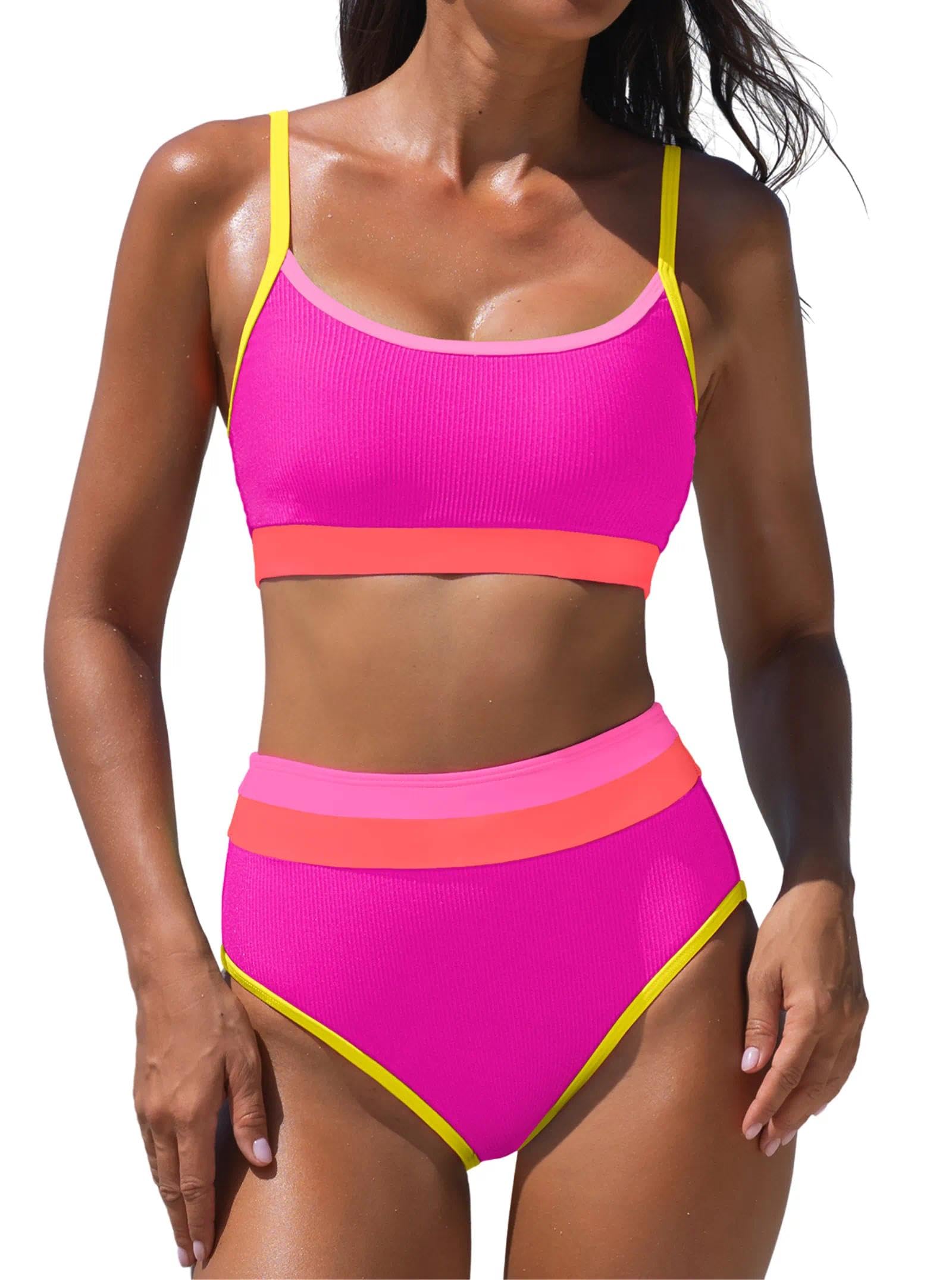 popvil High Waisted Bikini Sets for Women Neon Two Piece Swimsuit 2026 Ribbed Scoop Neck Bathing Suit