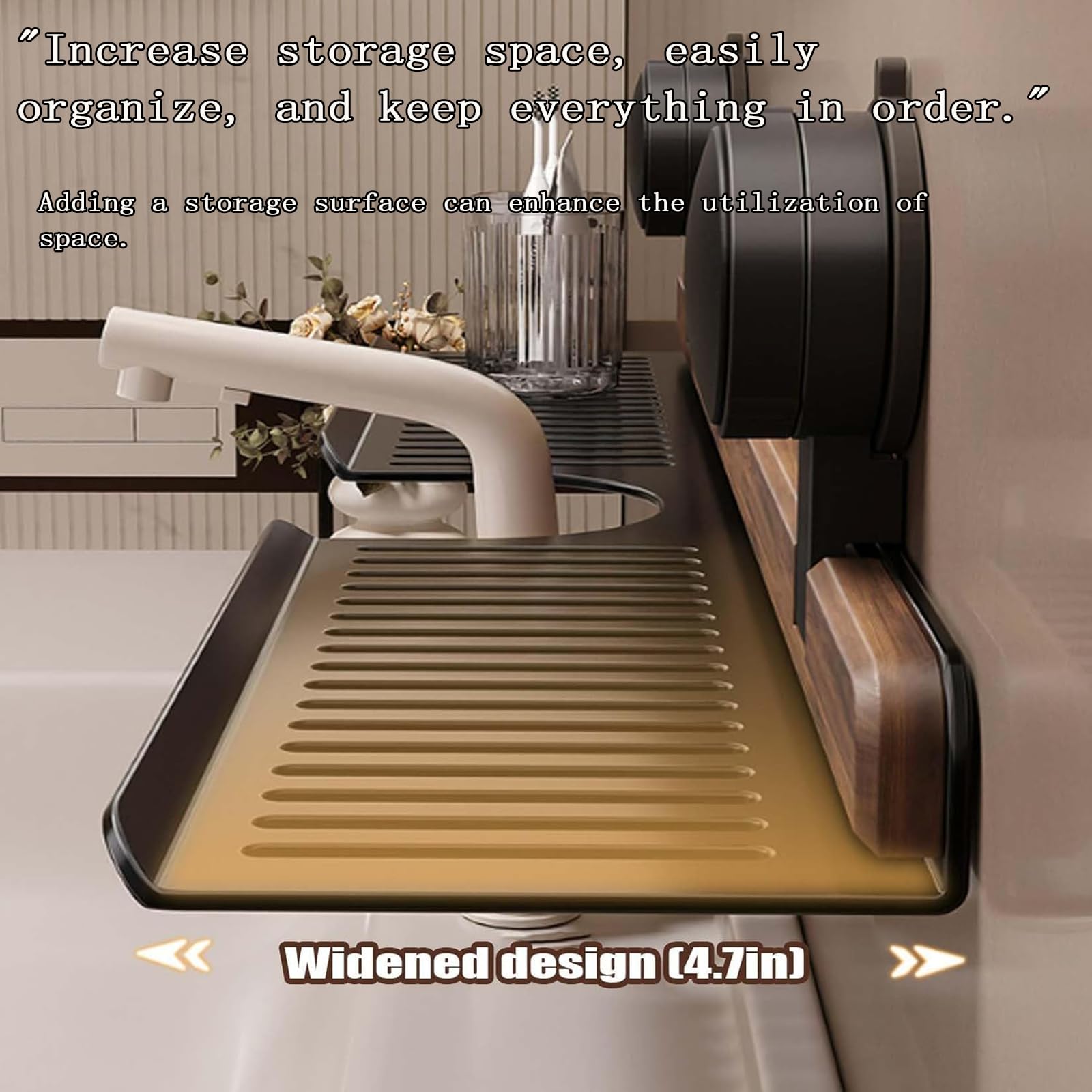 Walnussholz-Badezimmer-Küchen-Saugnapfhalter, abnehmbares Wandregal, bohrfreies Wandregal für Badezimmer, Waschbecken-Aufbewahrungsregal, Küchen-Saugnapfhalter (Schwarz, 50cm)