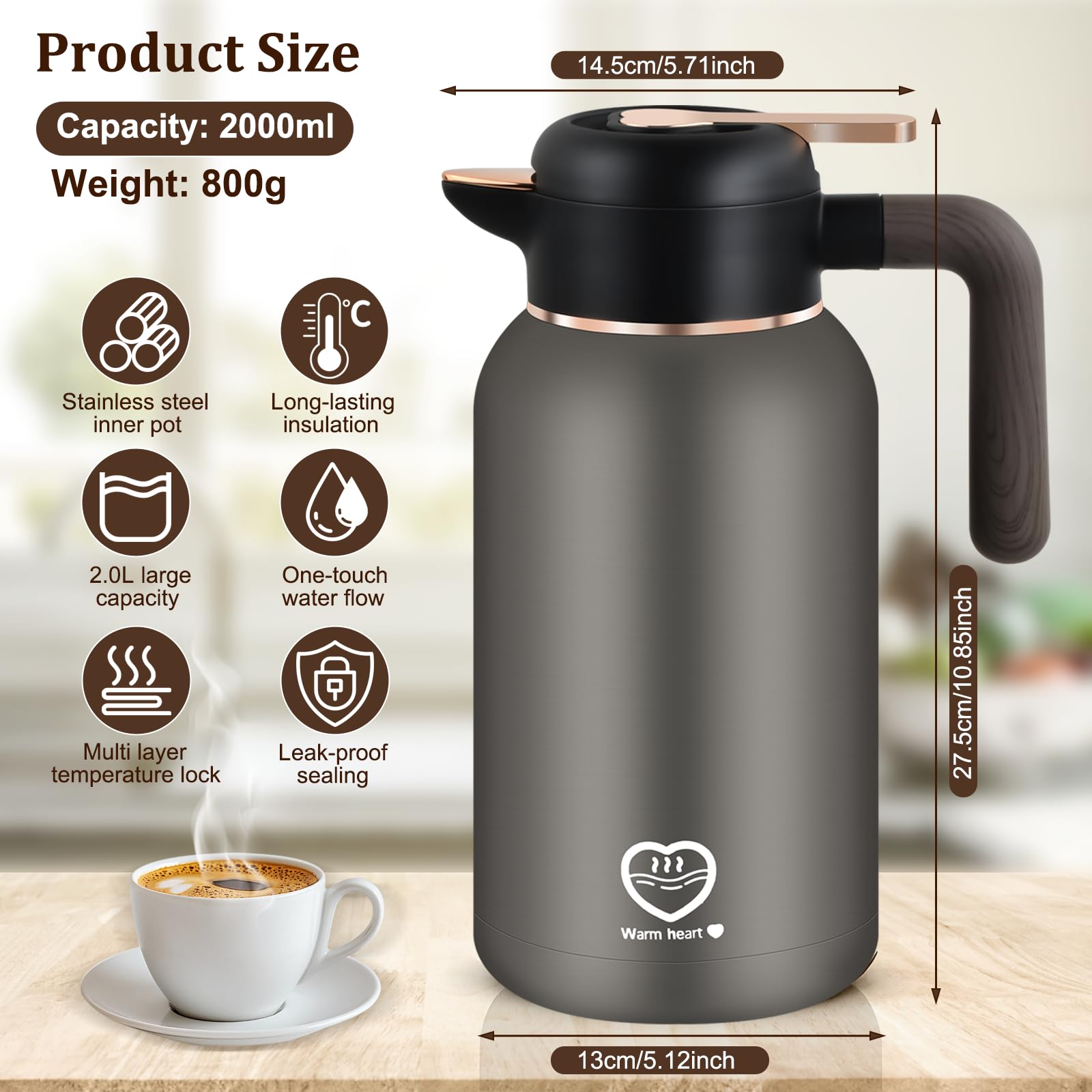 2L Thermoskanne, Kaffeekanne, 24h Heiß, 304 Edelstahl, Ergonomischer Griff, Kaffeekanne Thermo, Isolierkanne Ideal für Kaffee oder Teekanne