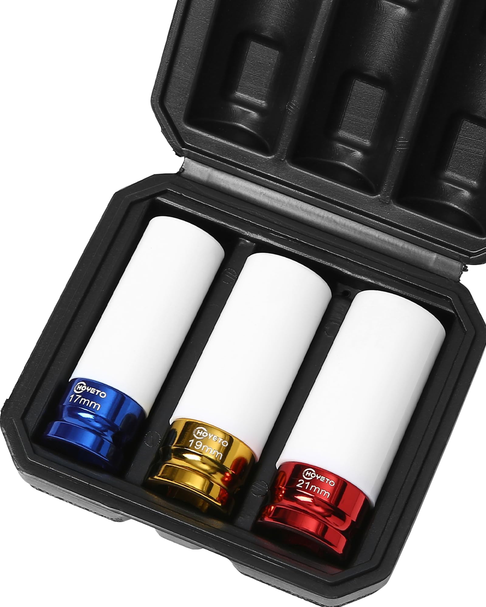 1/2-Inch Drive Impact Socket Set, Thin Wall 6 Point Lug Nut Socket, 3 Pieces Set, Metric, CR-Mo Steel with 360° Non-Scratch Nylon Sleeve, 17mm, 19mm, 21mm