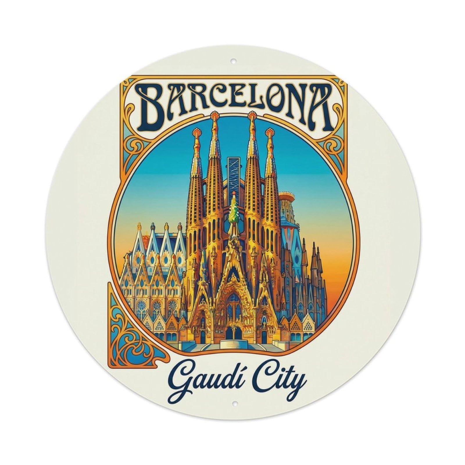 Vintage Travel Barcelona Cathedral Spain Metal Tin Sign Plaque Wall Decor for Cafe, Club, Garden Round Metal Poster 8x8Inch