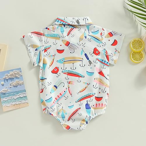 Miniatura 3 de Emmababy Mameluco con estampado de peces para bebé niño manga corta solapa con botones overol con corbatín para niño pequeño