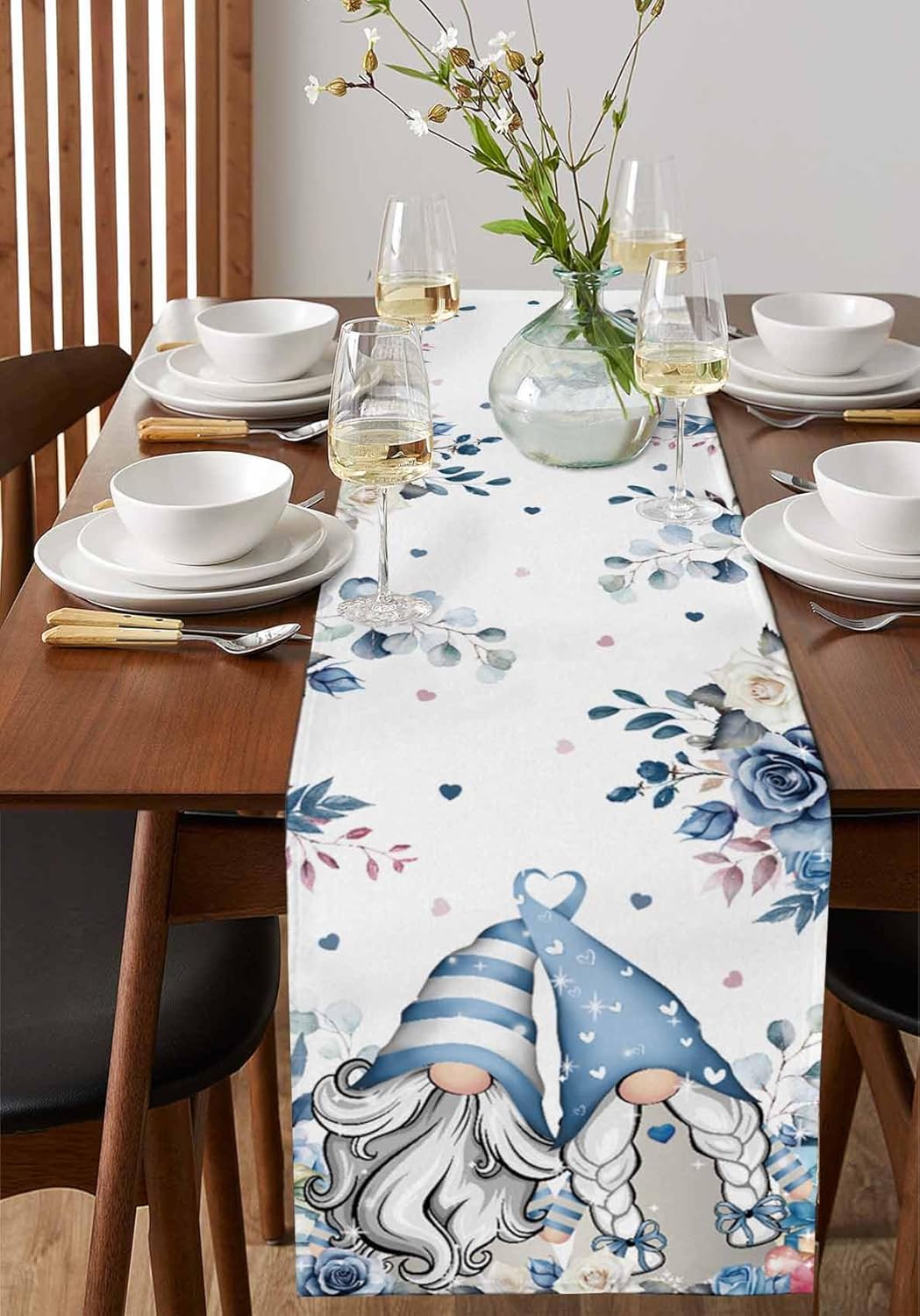 Valentines Gnomes Floral Table Runner 90 Inches Long for Dining Table Decor, Cotton Linen Washable Coffee Table Runners Dresser Scarf for Kitchen Party Holiday Watercolor Blue Rose Leaves