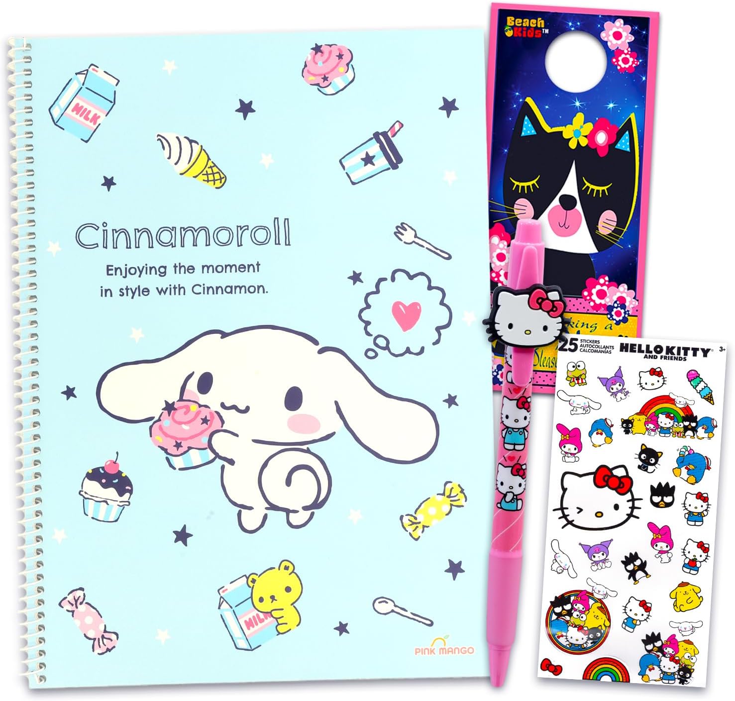 Cinnamoroll Notebook with Pen Set - Bundle of Sanrio Pen, Notebook, Hello Kitty Stickers, and More | Cinnamoroll Stationery for Girls, Boys