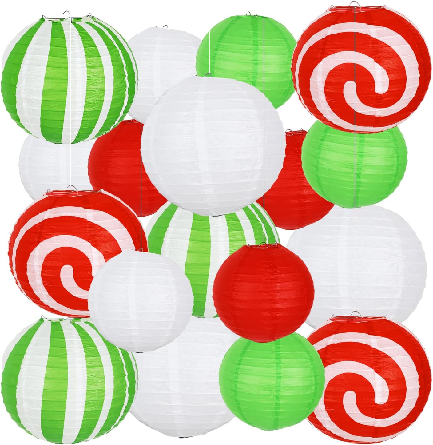 Whaline 18Pcs Christmas Paper Lanterns Red Green White Candy Canes