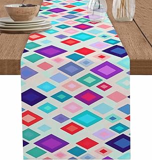Morocco Small Table Runner 36 Inches Long,Colorful Abstract Lattice Check Geometric Plaid Cotton Linen Kitchen Dinner Coffee Tablerunner,Burlap Cloth Washable Tablecloths Decor for Wedding Party,13x36