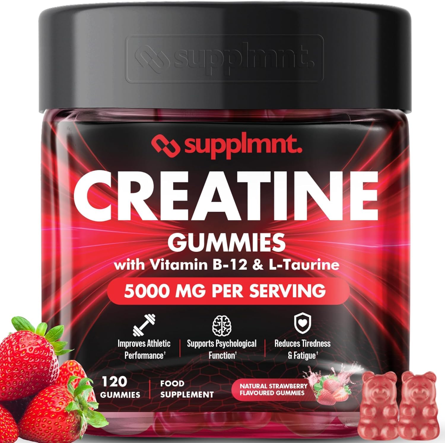 Supplmnt. Creatine 120 Gummies Max 5000mg for Men & Women Creatine Monohydrate Plus B12 and L-Taurine Chewable Gummies, 1 Month Supply (Single, Strawberry)