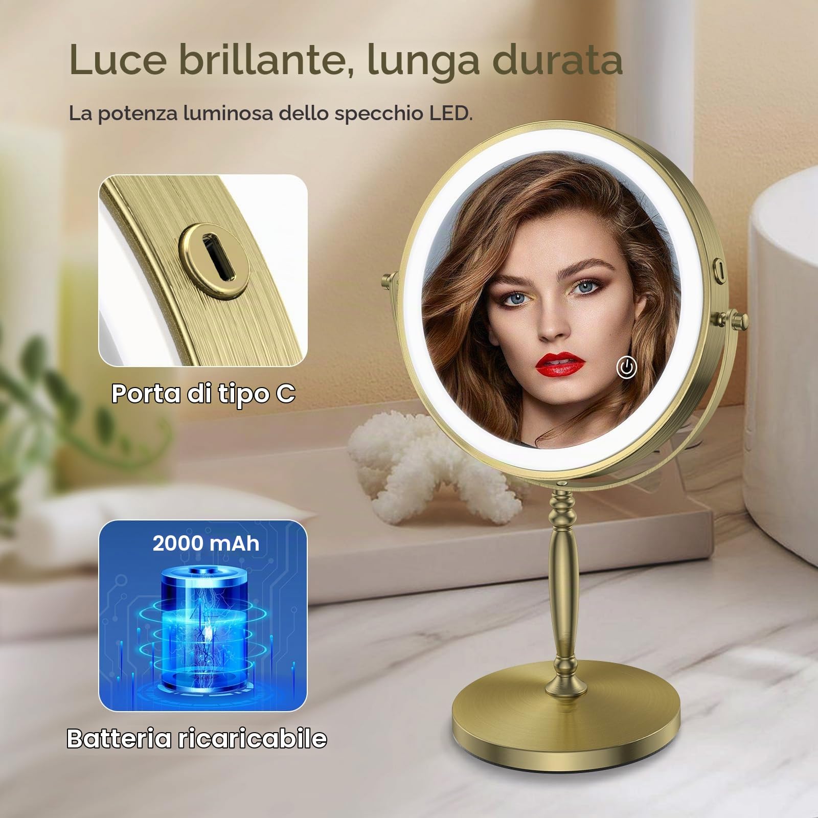 MATEPROX 8 Pollici Specchio da Trucco con Luci, Doppio Lato 1X 10X Ingrandimento, Specchio da Trucco Girevole con 3 Colori di Illuminazione, Sensore Touch e Regolazione della Luminosità-Oro