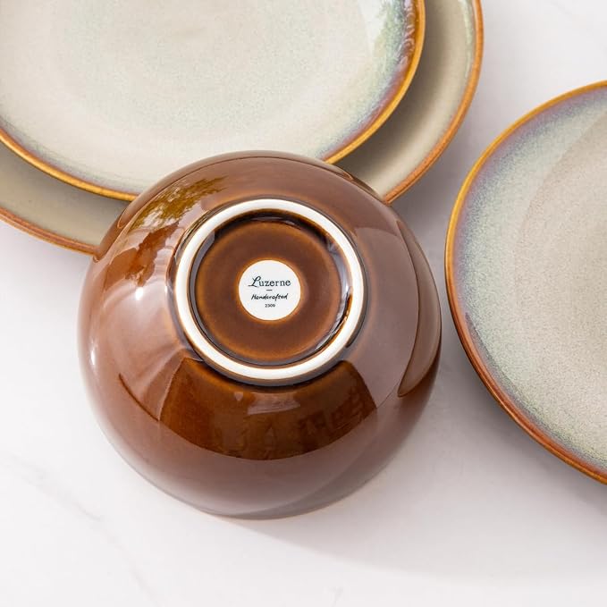 Ceramic Dinnerware Sets for 8,Stoneware Plates and Bowls Sets,Handmade Reactive Glaze Dishes Set,Chip Resistant and Scratch Resistant | Oven&Dishwasher & Microwave Safe-Kahki (24PCS)