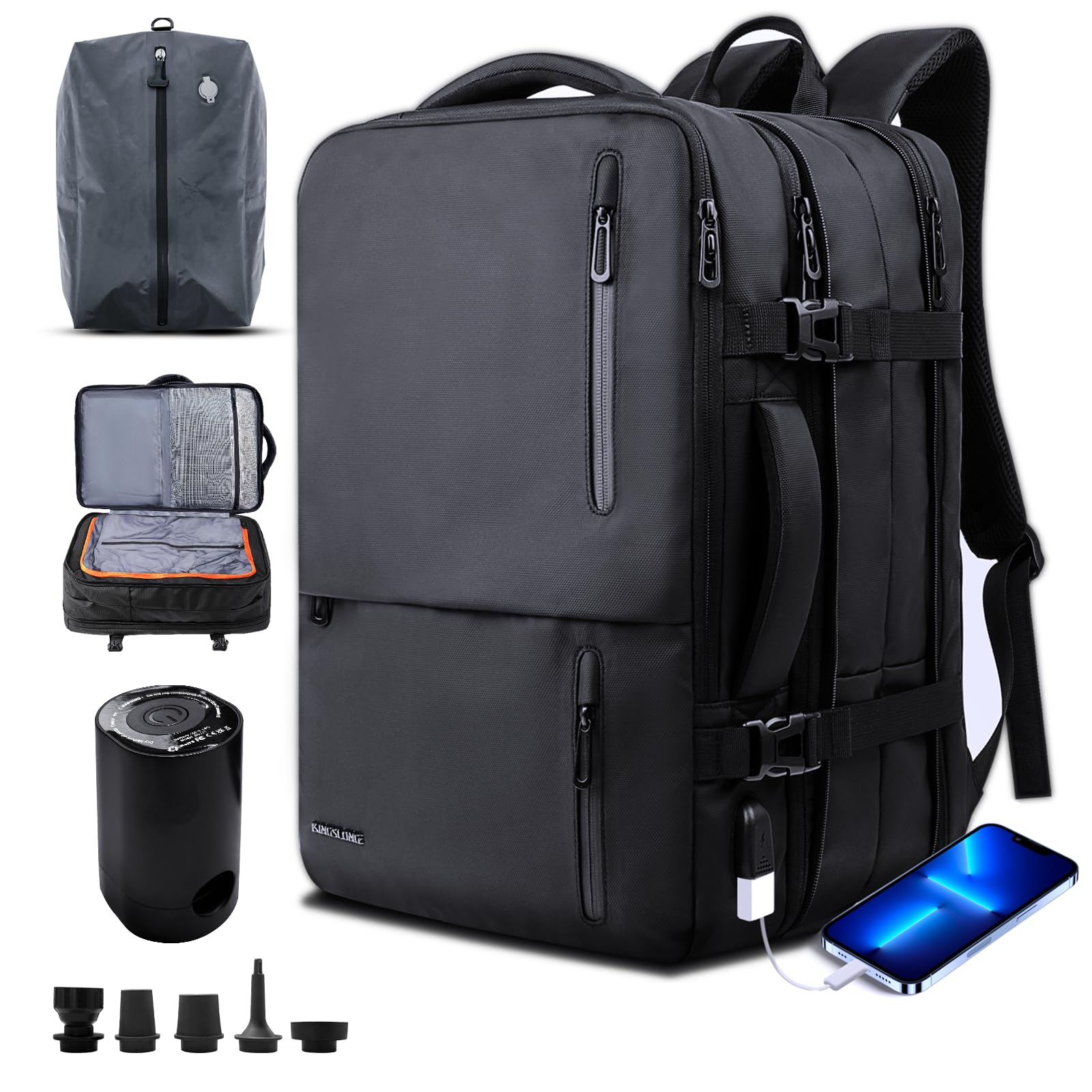 KINGSLONG Mochila para portátil extensible 25-40L Se adapta a portátil de 17 pulgadas, Mochila resistente al agua para hombres y mujeres Escuela Negocio Mochila de viaje con puerto de carga USB