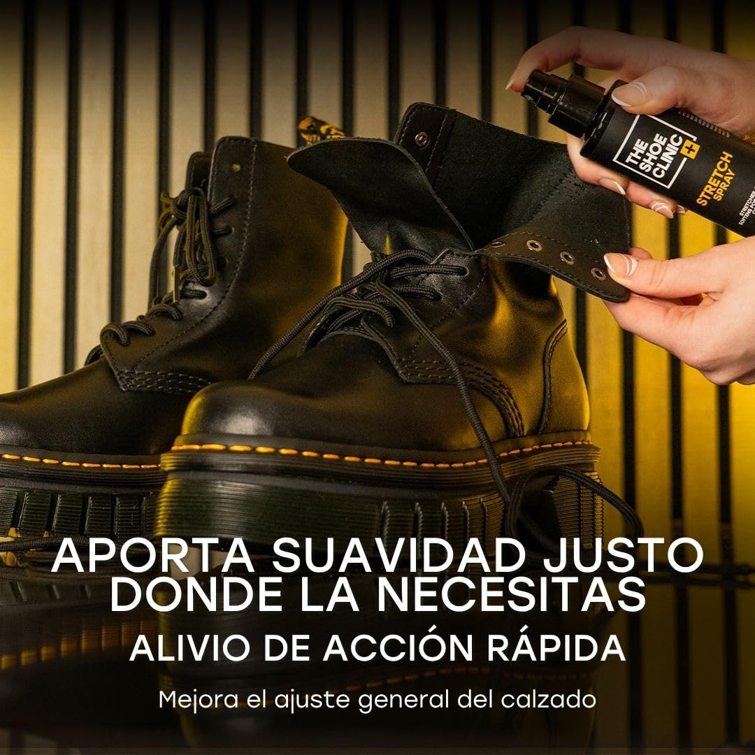 Shoe Clinic Espray ensanchador de zapatos | Para estirar y suavizar | Apto para cuero, ante, nobuk y lona | Ayuda a dar de sí el calzado rígido o estrecho | Alivia los puntos de presión | 125 ml