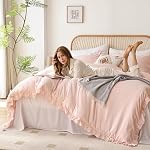 YIKUSH Queen Comforter Set Pink 3PCS (1 Ruffled Blush Comforter and 2 Pillowcases) Vintage Shabby Chic Bedding Soft Fluffy Comforter Set All Season