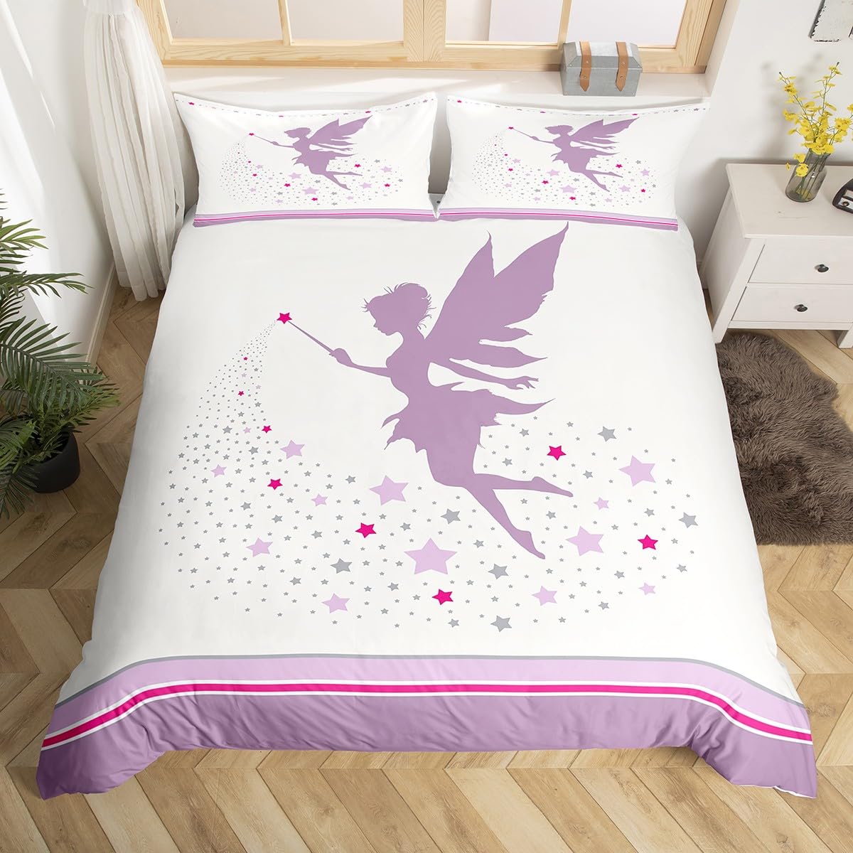 Homewish Fairy Girl Double Duvet Cover Set Lilac Purple and Grey Stars Toddler Bedding Set for Kids Girls Teens, Elegant Fairy Quilt Cover White Violet Bed Sets, Sweet Princess Bedroom Decor