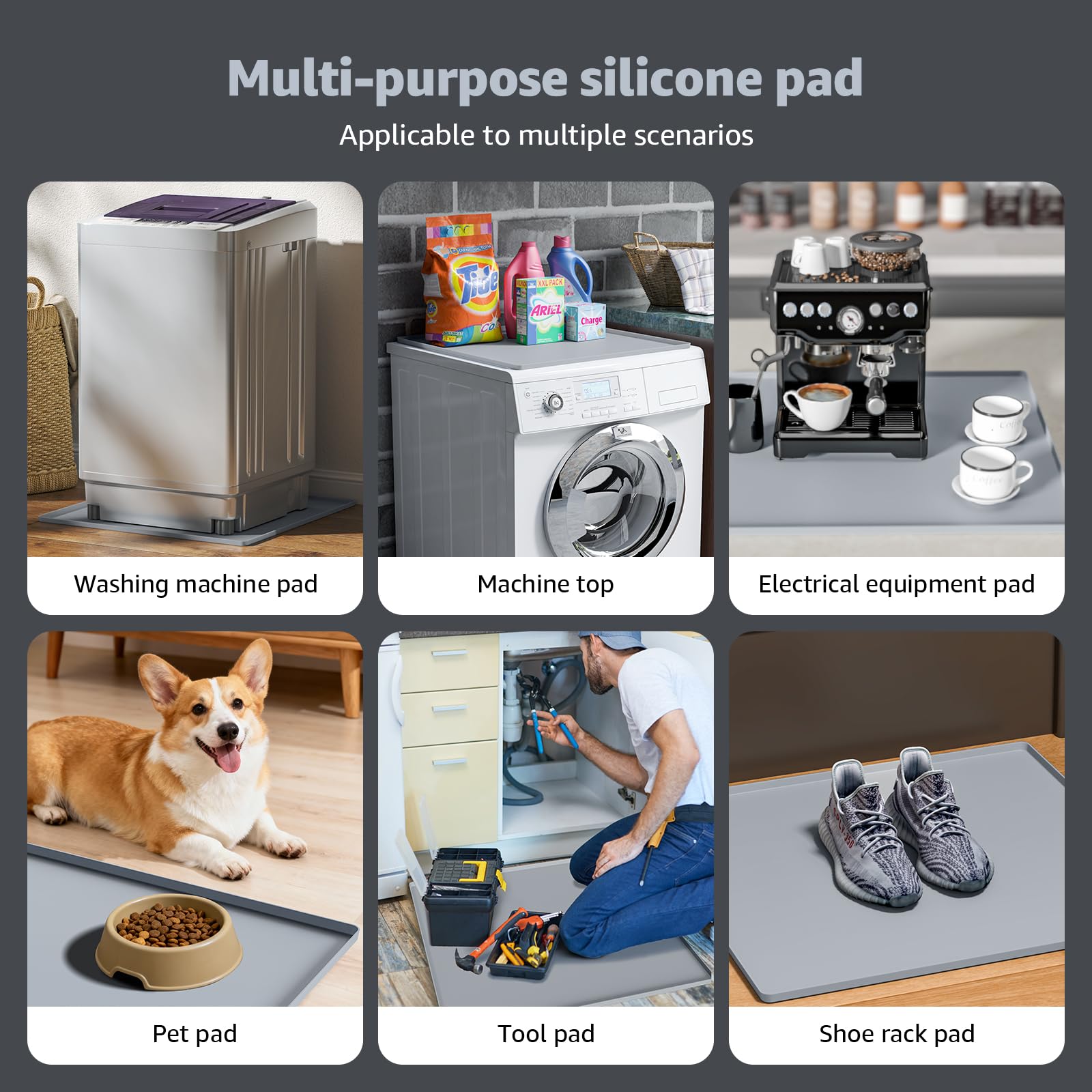 27''x27'' Washing Machine Drain Pan Silicone Mat with 0.78'' Raised Edges(Leak Protection),Non-Slip & Anti-Vibration Washer Drip Tray for Floor Protection,Washer/Dryer,Refrigerator,Rubber Pad,Gray