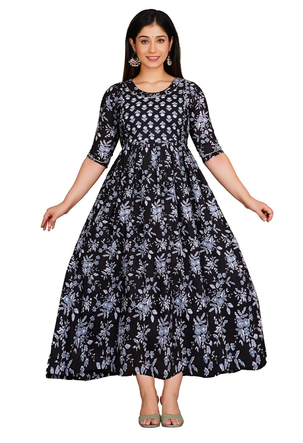 Women's Cotton Printed Maternity Feeding Kurti with Zipper Maternity Gown for Women Feeding Dress (New Black 2,M)-image-46
