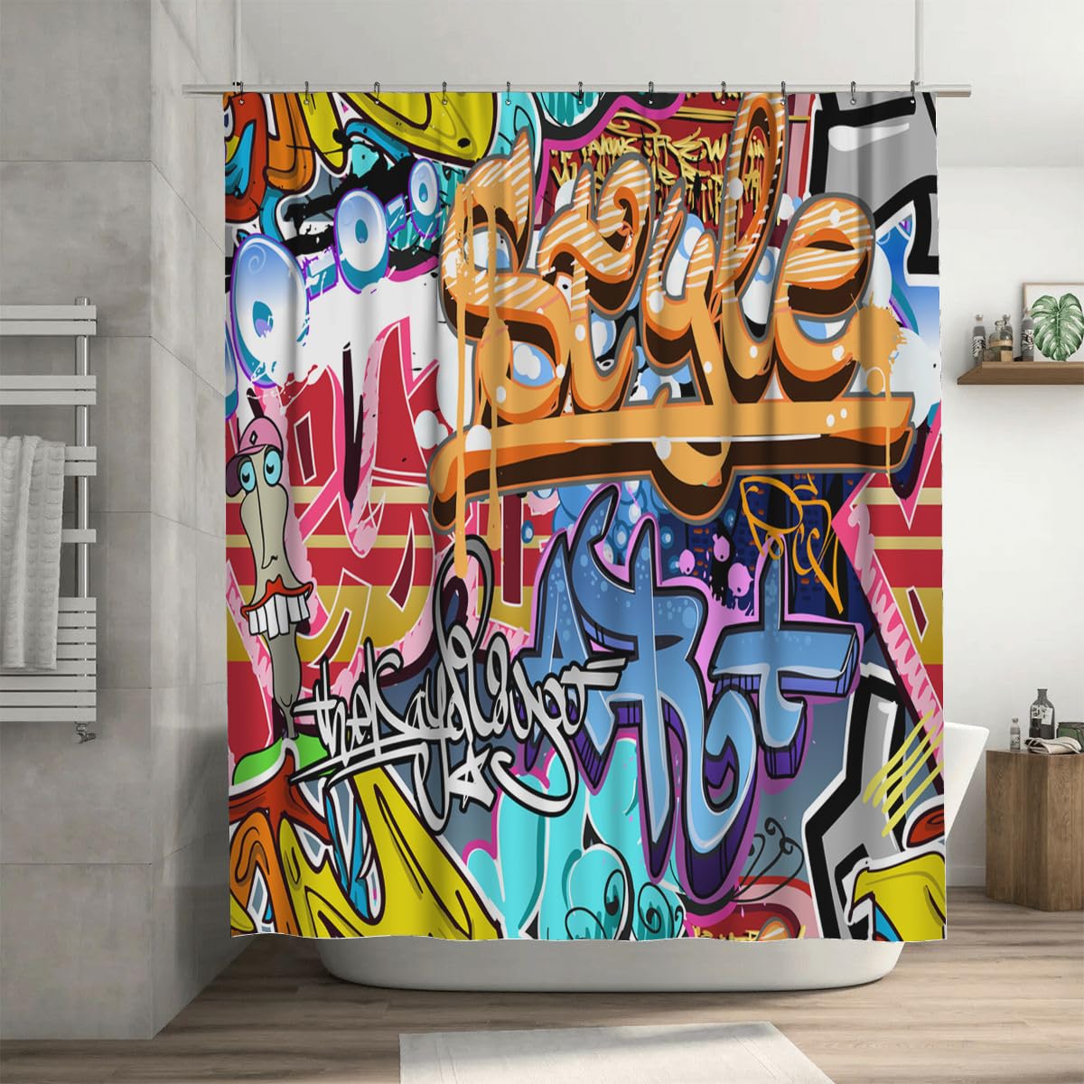 Ansouyi Shower Curtain Set with 12 Hooks, Bath Curtains Waterproof Polyester Fabric, Street Art Graffiti Wall Home Bathroom Bathtubs Decor Washable