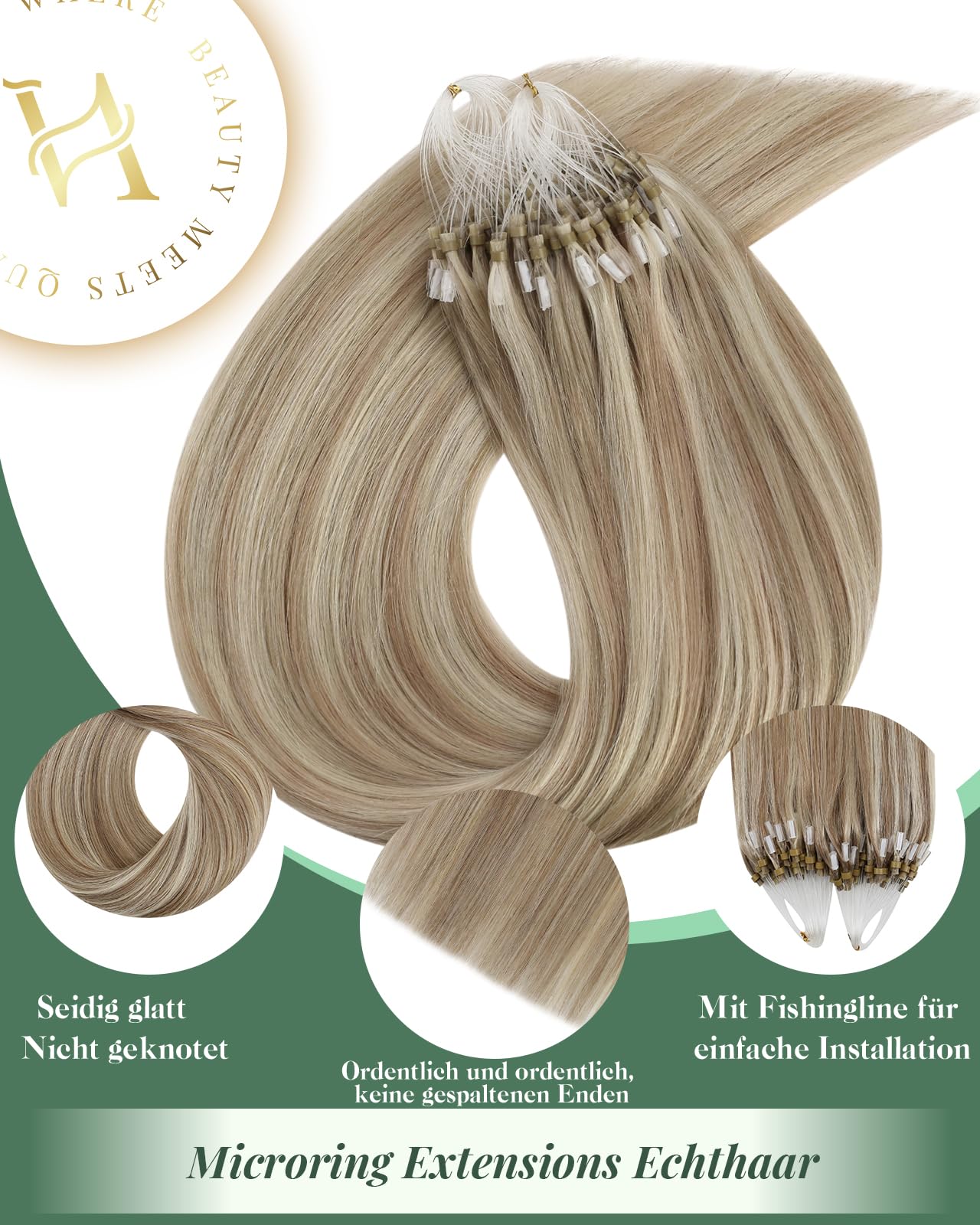 Ugeat Dopinki do przedłużania włosów z prawdziwych włosów, mikro-ringi, platynowy blond, pasemka 60 cm, Remy, mikro-ringi, pasemka, do dłuższych włosów, 50 g, 50 s, #P8A/60