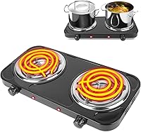 TeqHome 2000W Portable Electric Hot Plate Double Burner, 5 Temp Levels Cast Iron Cooktop for All Cookware, RV Camping Home Black