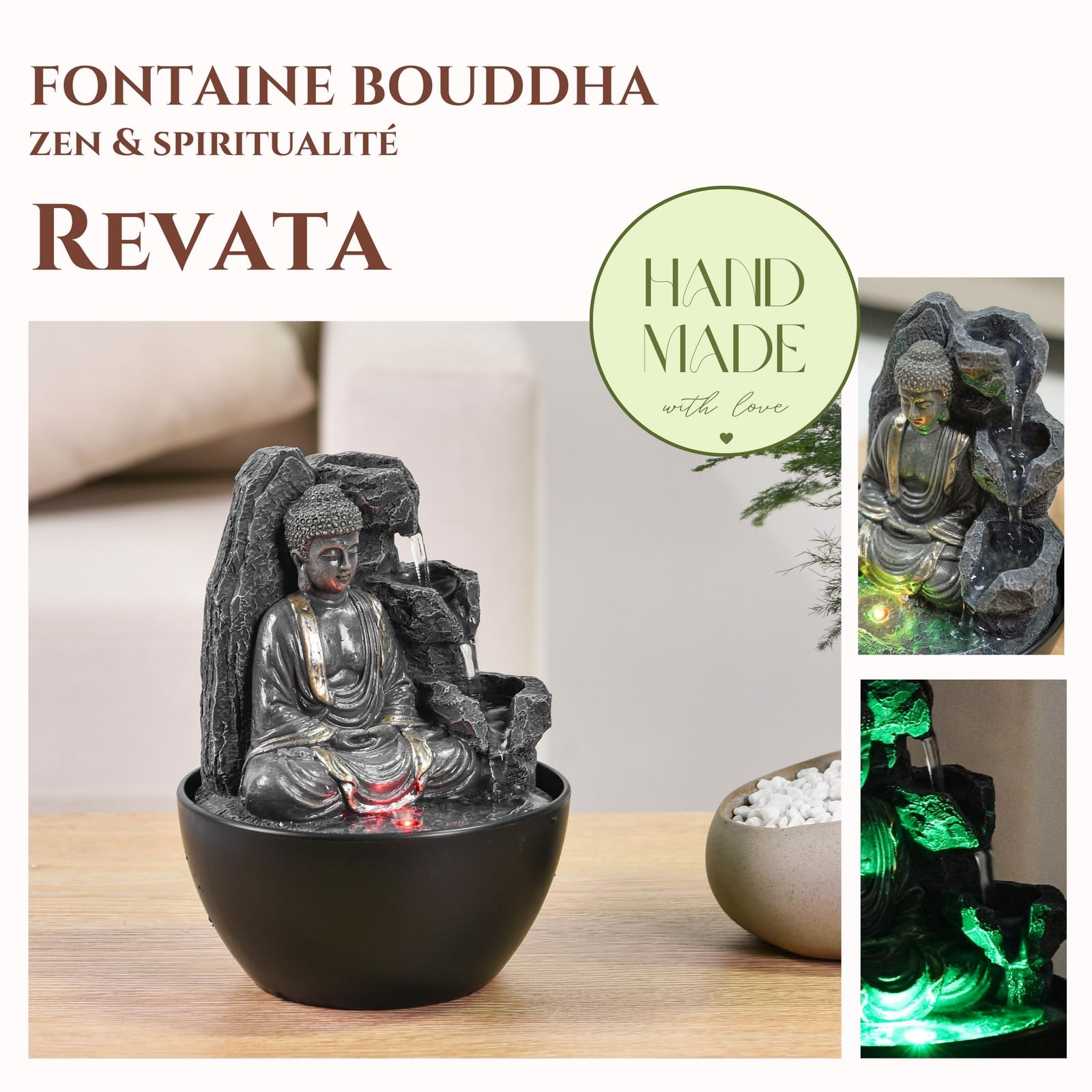 Fuente de Interior de Buda Relajante – Fuente Cascade – Decoración Zen Feng Shui – Idea de Regalo Elegante y útil – Fuente de Mesa con luz LED – 18 cm – Revata Zen'Light