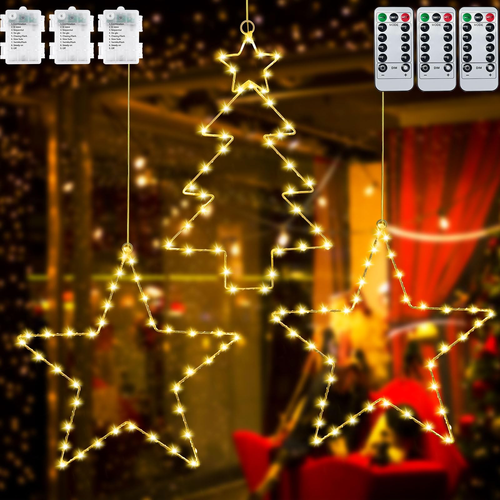 Ulikey Luces de Navidad para Ventana, 3 Piezas 40 LEDs Cortina de Luces con Estrellas, 8 Modos Navidad Decoración Luces con Temporizador, para Exterior Jardín Árbol Navidad Decoración (Luz Cálida)