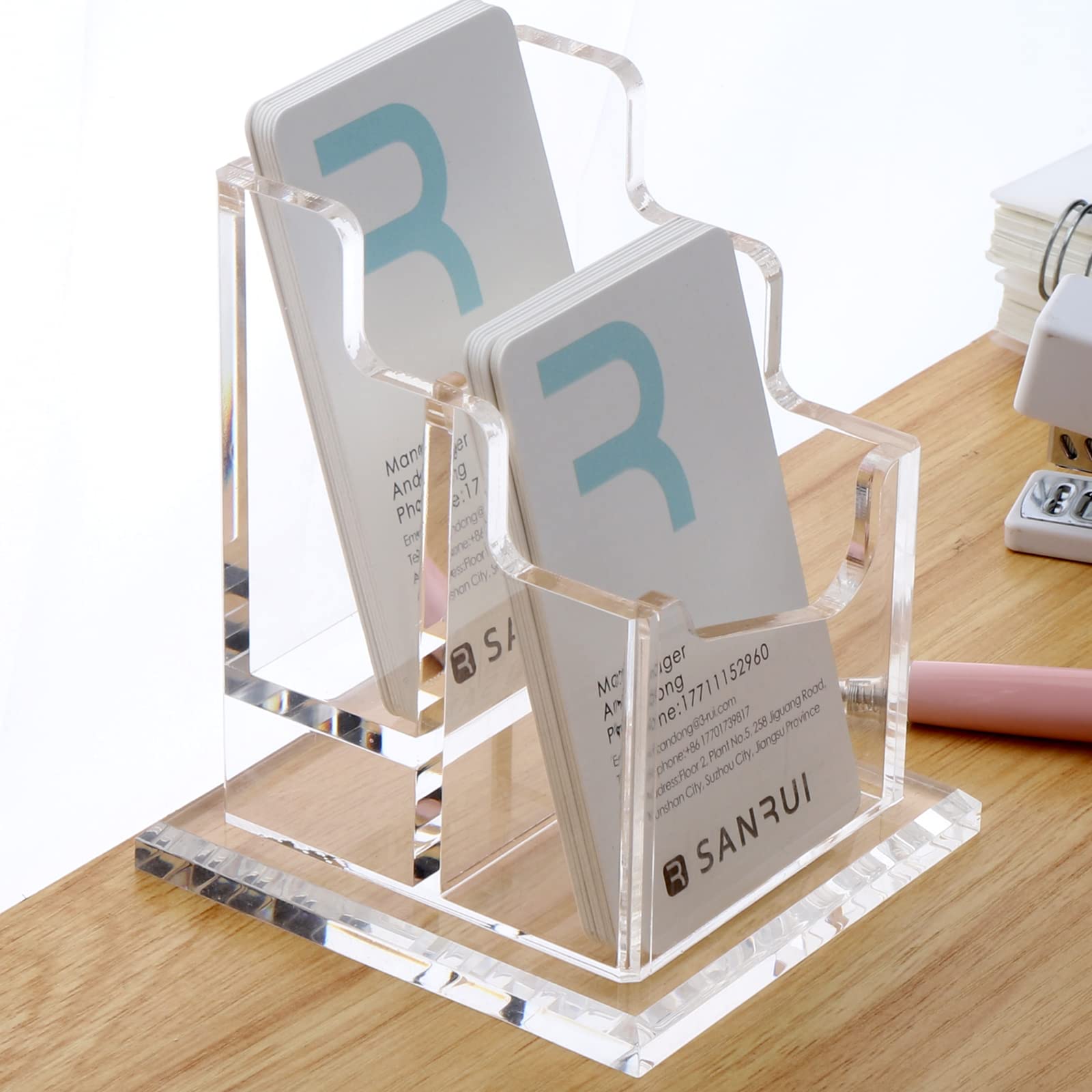 Amazon.com : SANRUI Acrylic Business Card Holder For Desk Clear Business  Card Organizer Vertical Hand-made 2 Pocket : Office Products