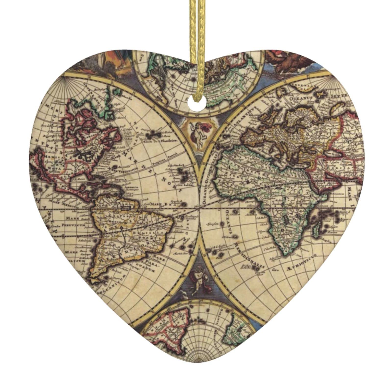 Ancient Map World Globe Print New Ceramic Hanging Heart Christmas Tree Decoration Bauble