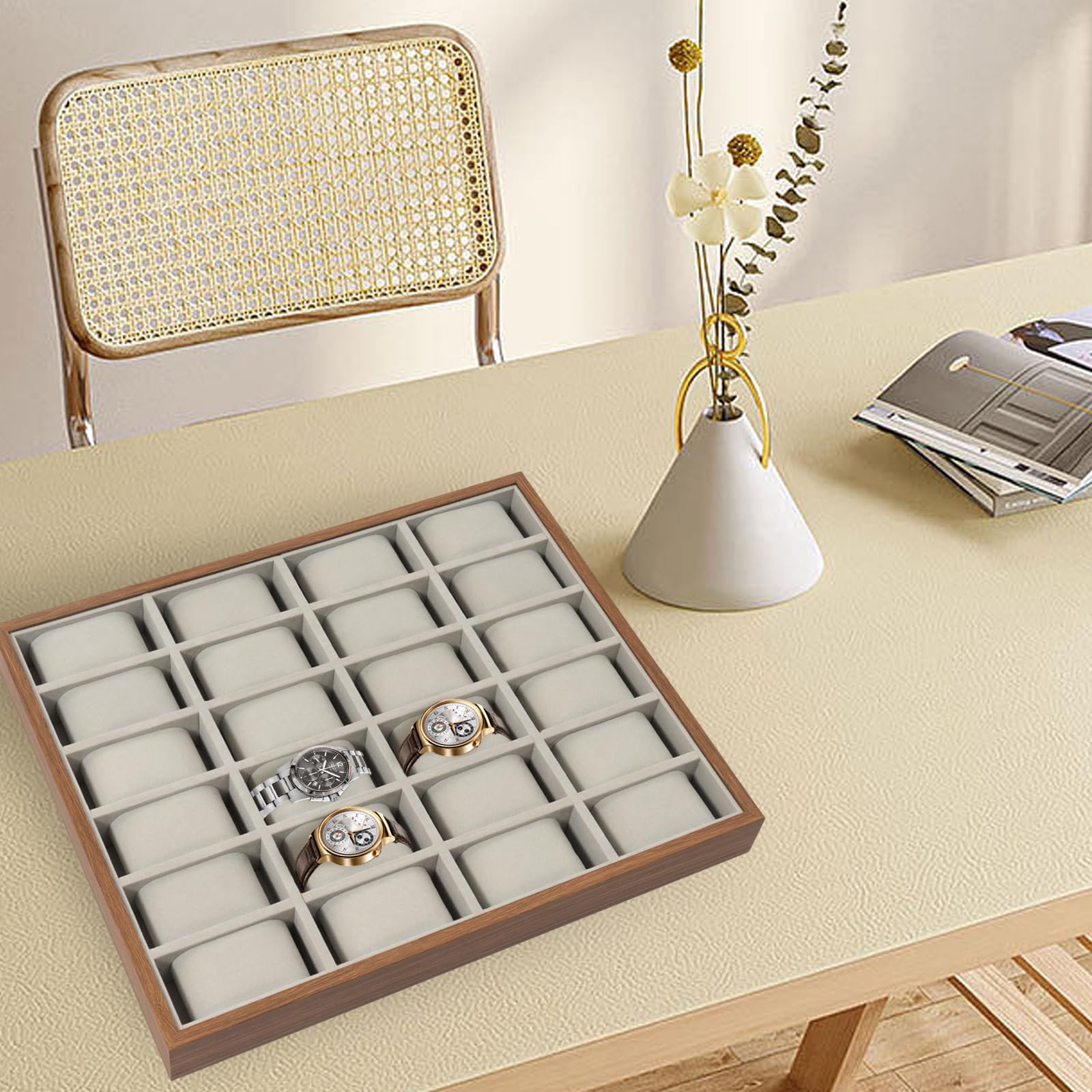 Caja de reloj con 24 compartimentos, caja de almacenamiento para joyas, organizador de almacenamiento, bandeja de madera, caja de exhibición de madera, para uso personal, exhibiciones de