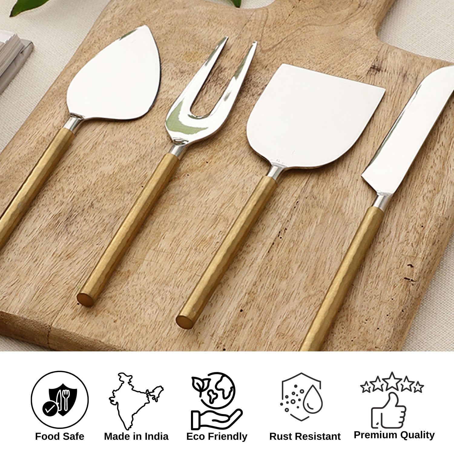 VarEesha Hammered Gold Handles Glossy Steel Heads Stainless Steel Cheese Knives Set | Set of 4 Pieces Cheese Knives, Stainless Steel Cheese Spreader,Slicer,Prongs,Fork 2