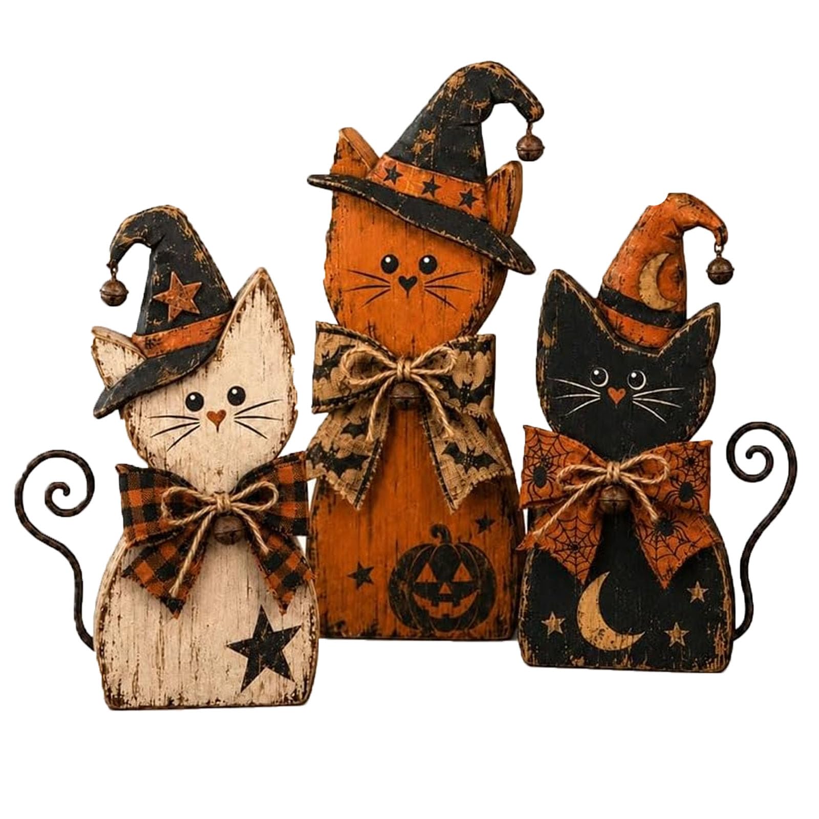 Set di Decorazioni Vintage in Legno per Streghe per Halloween (#A) | Figurine da tavolo rustiche della fattoria con decorazioni a più livelli di gatti, zucche e mensole autunnali primitive