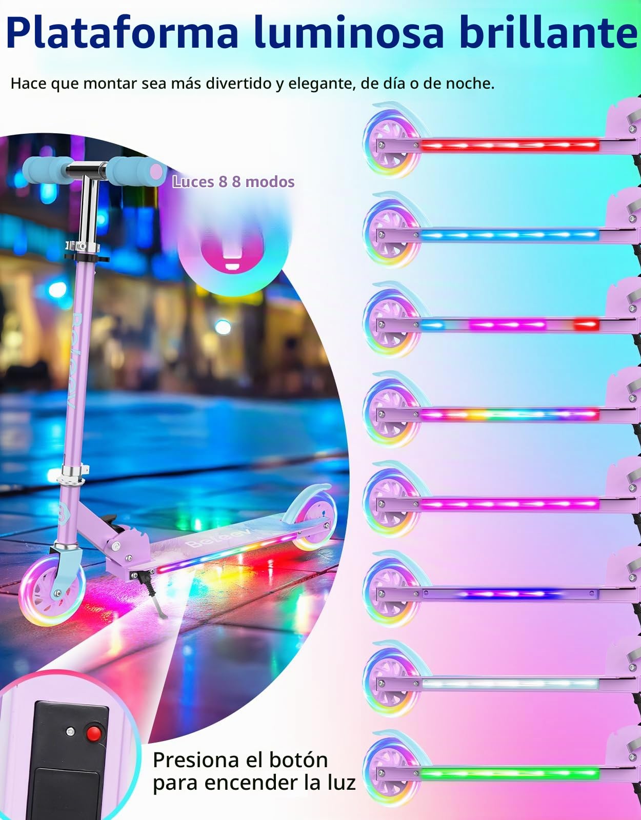 BELEEV V1Plus Patinete Niño Niña 3-12 Años, Plegable Patinete Infantil | con LED Luce Ruedas & Deck, 3 Altura Ajustable, Soportes, Cubierta Antideslizante, Ligero Marco Resistente, Scooter for Kid
