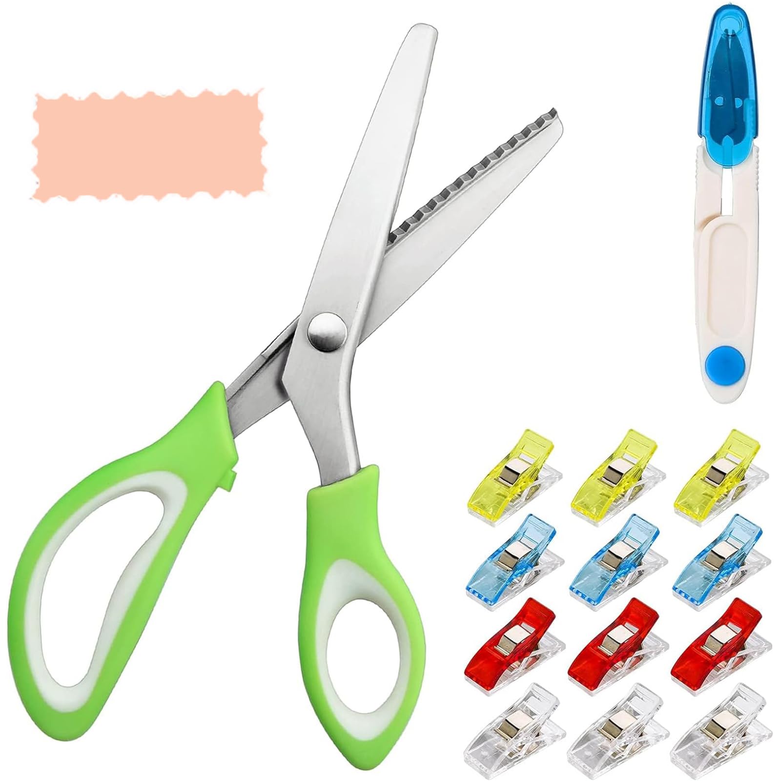 Pinking Shears Set for Fabric Cutting, 9.4Inch Zig Zag Seeing Scissors, Professional Dressmaking Scissors with Thread Snips and 5 Clips, Embroidery Scissor for Leather Fabrics Paper