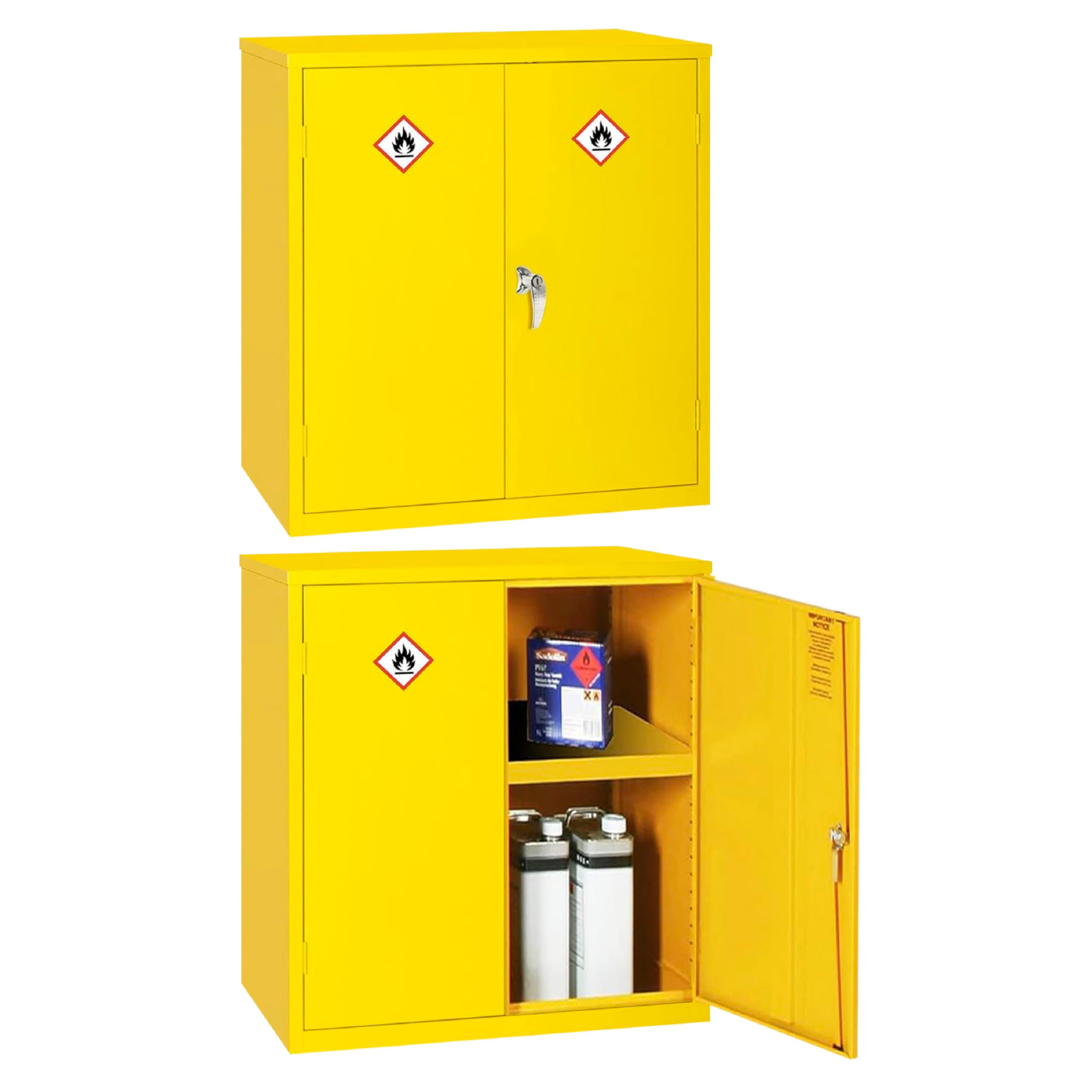 Dangerous Substance COSHH Cabinet - Chemical Storage - Flammable Metal Cupboard 1 Shelf - Hi-Vis Yellow - 1000mm High x 915mm Wide x 457mm Deep (30 Litre)