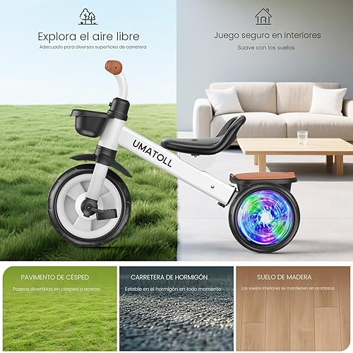 Vista 9 de Umatoll Triciclo para niños pequeños de 2 a 5 años, bicicleta ajustable para niños pequeños juguetes al aire libre, regalo de cumpleaños para niño