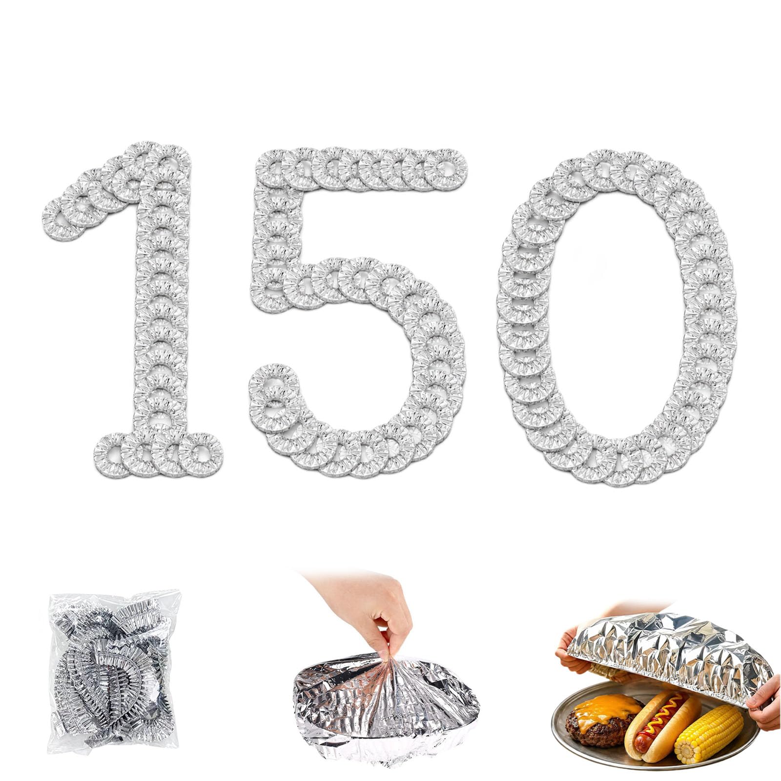 Reusable Aluminum Foil Food Covers, Aluminium Foil Covers for Food, Stretchy Foil Food Covers, Foil Food Covers Elasticated for Home Kitchen, Restaurants, Picnics, Fits (150pcs)