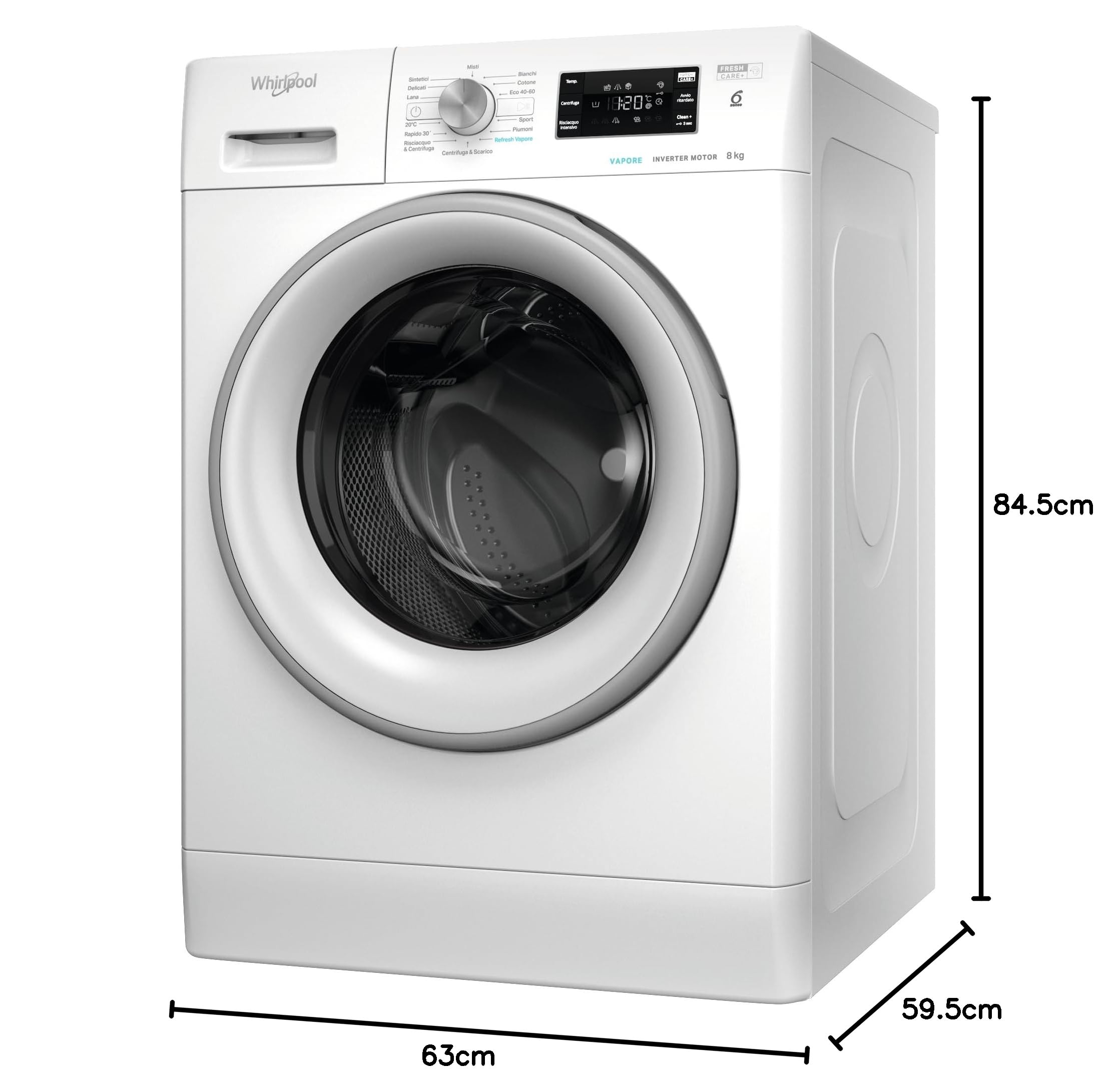 Whirlpool FFB 846 SV IT- Lavatrice 8 kg Libera Installazione, Carica Frontale. Centrifuga 1400 Giri Al Minuto. Larghezza 59,5cm, Profondità 63,0cm, Altezza 84,5cm, Classe Energetica A