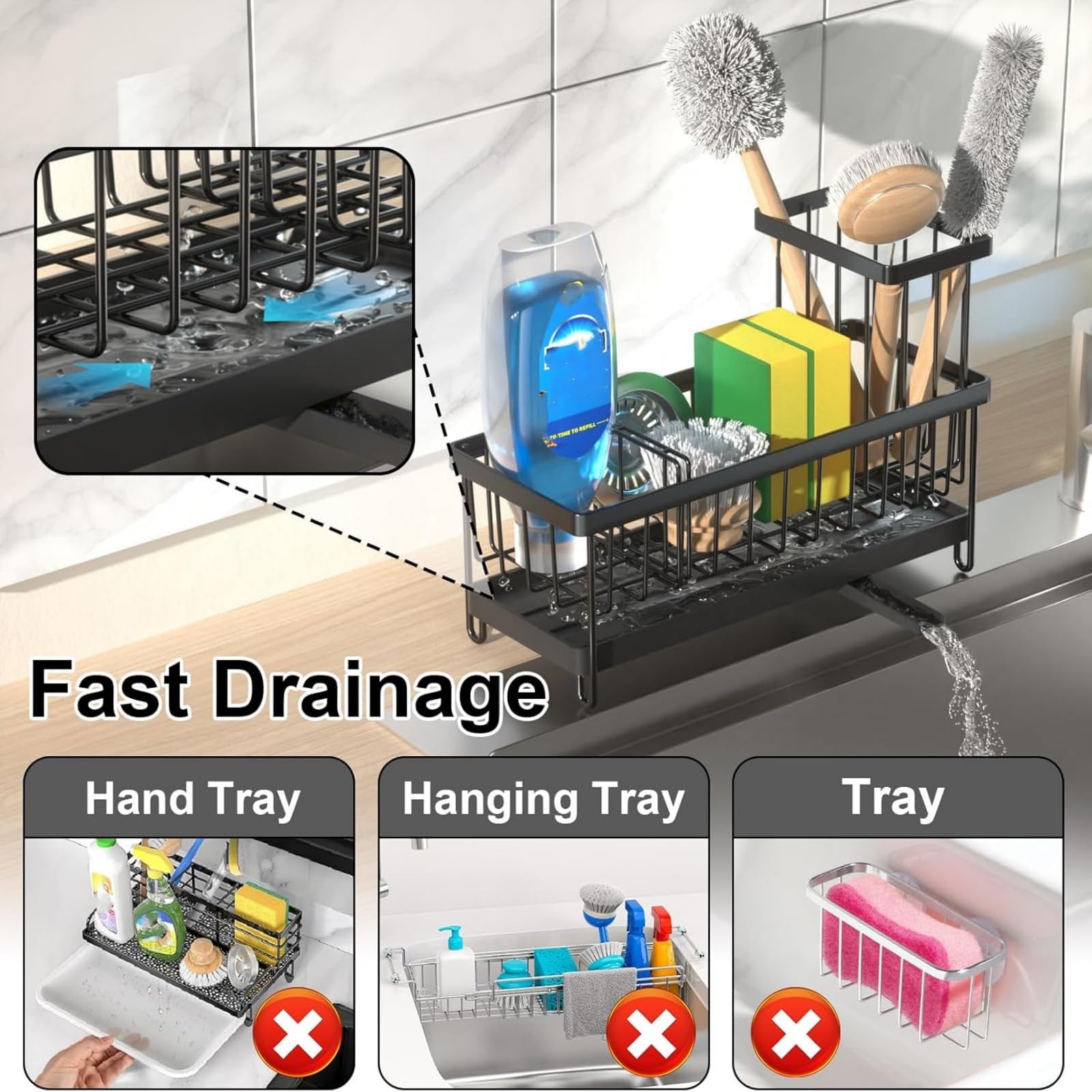 Portaspugne Per Lavello Cucina Con Scarico Automatico - Organizzatore Salvaspazio, Nero, Acciaio Inossidabile - Foto 7