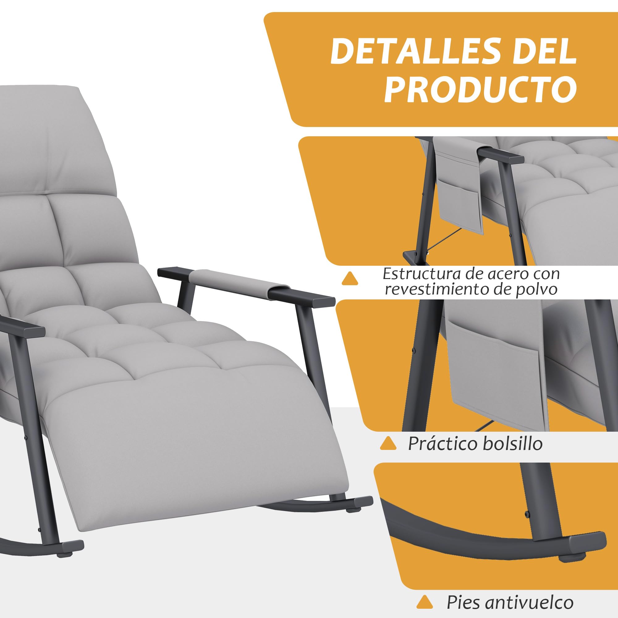 HOMCOM Silla Mecedora con Respaldo y Reposapiés Regulables, Sillón Balancín con Bolsillo, Marco de Acero, Soporta 120 kg, para Salón y Dormitorio, Gris